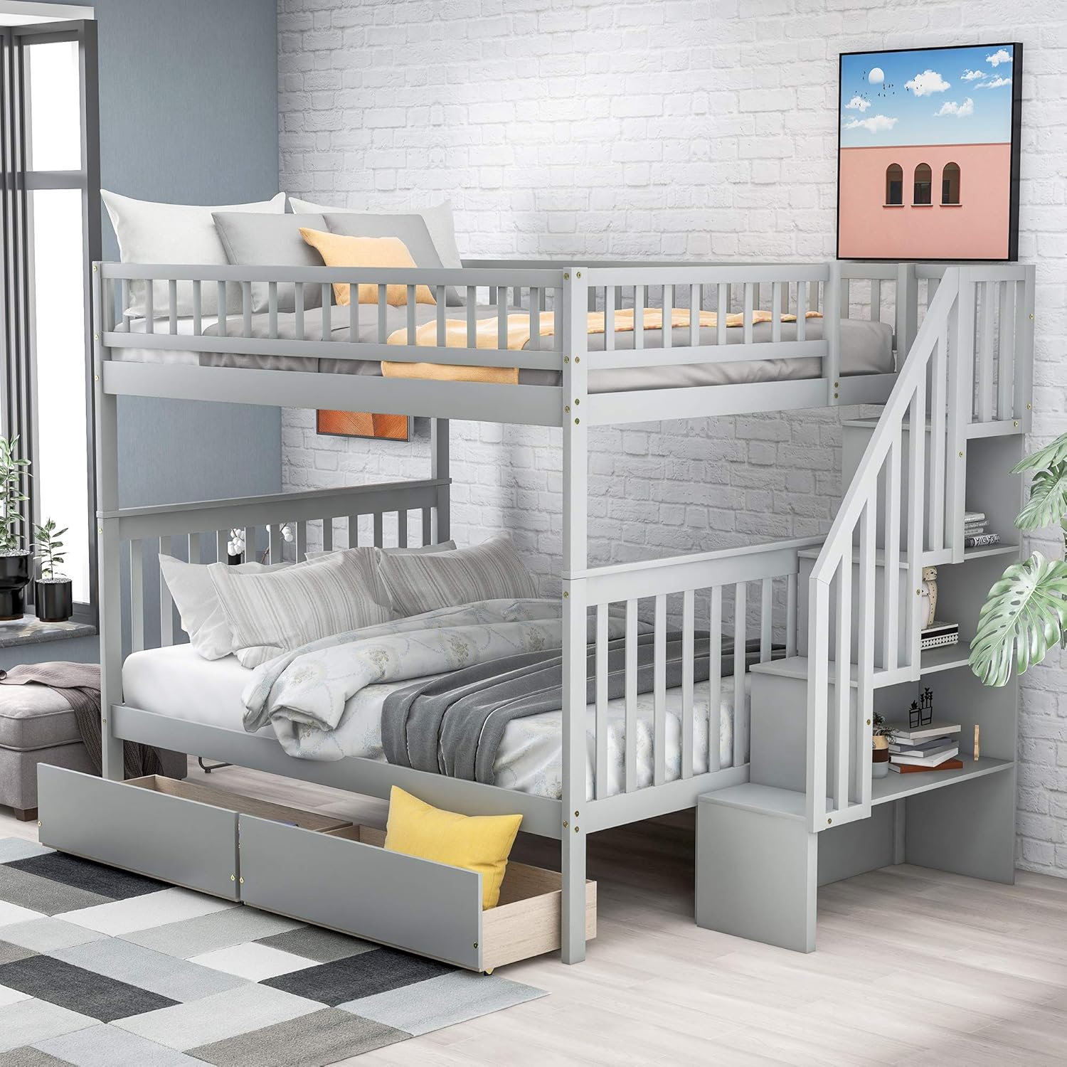 Full Over Full Bunk Beds with Drawers and Stairs Stairway Bunk Bed Frame with Storage Shelves for Kids Teens Adult, Wood Full Bunk Bed for Boys Girls Adults, Gray