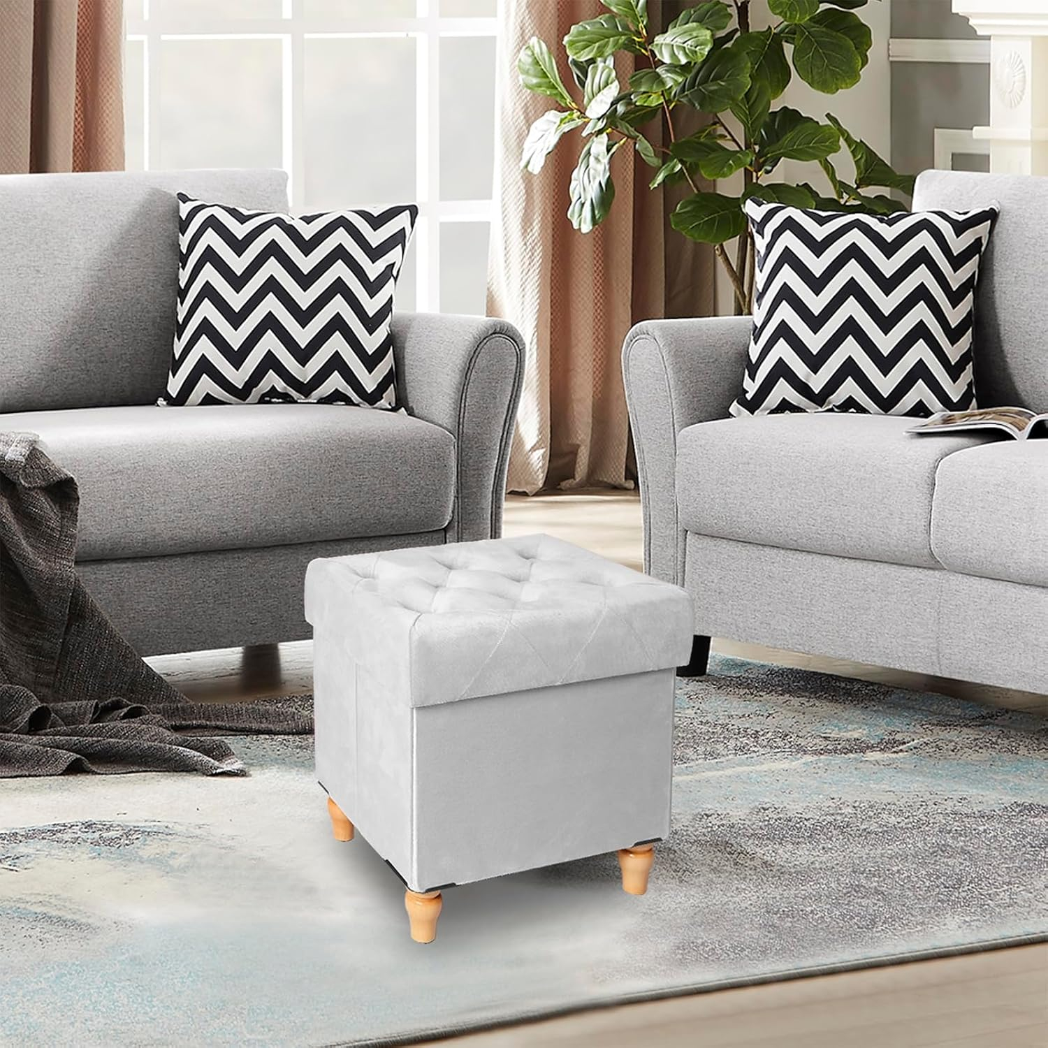 CAROLMADE Folding Storage Ottoman Cube Velvet Footstool with Wood Legs Ottoman Footrest for Living Room and Bedroom, Grey 15"x12.6"x15.4”