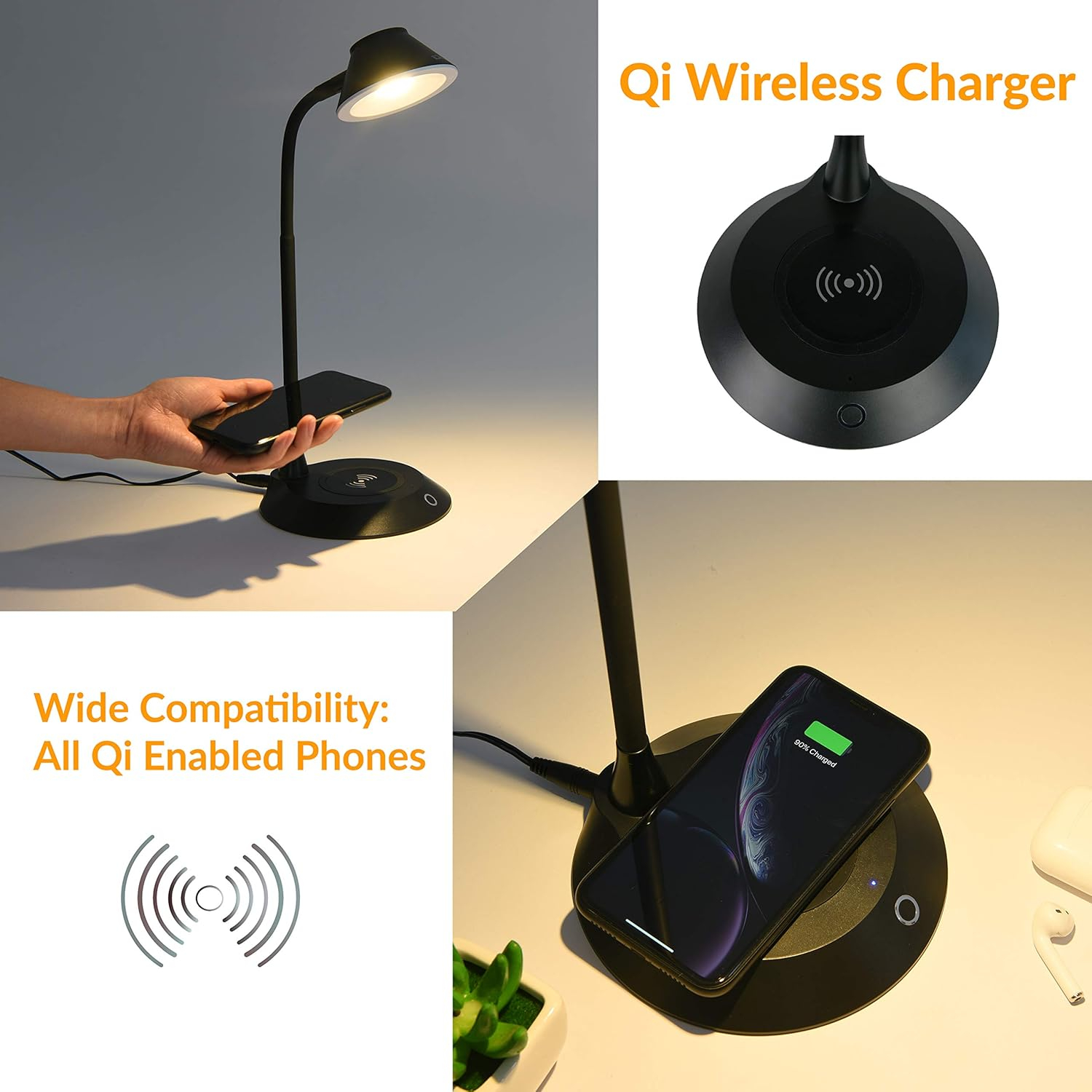 Black Adjustable LED Desk Lamp with Wireless Charger