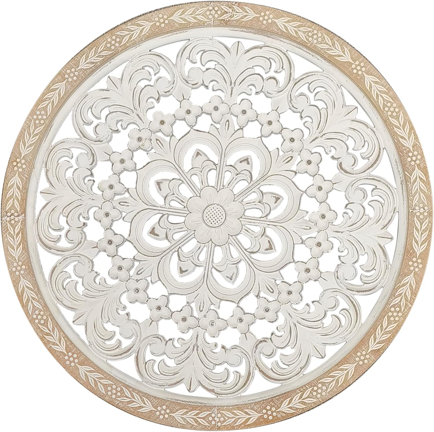 Parisloft 25 Inch Round Carved Wood Wall Decor, Natural Wood and Distressed White Finish,MDF with veneer, Farmhouse Wood Wall Decor for Living Room, Bedroom