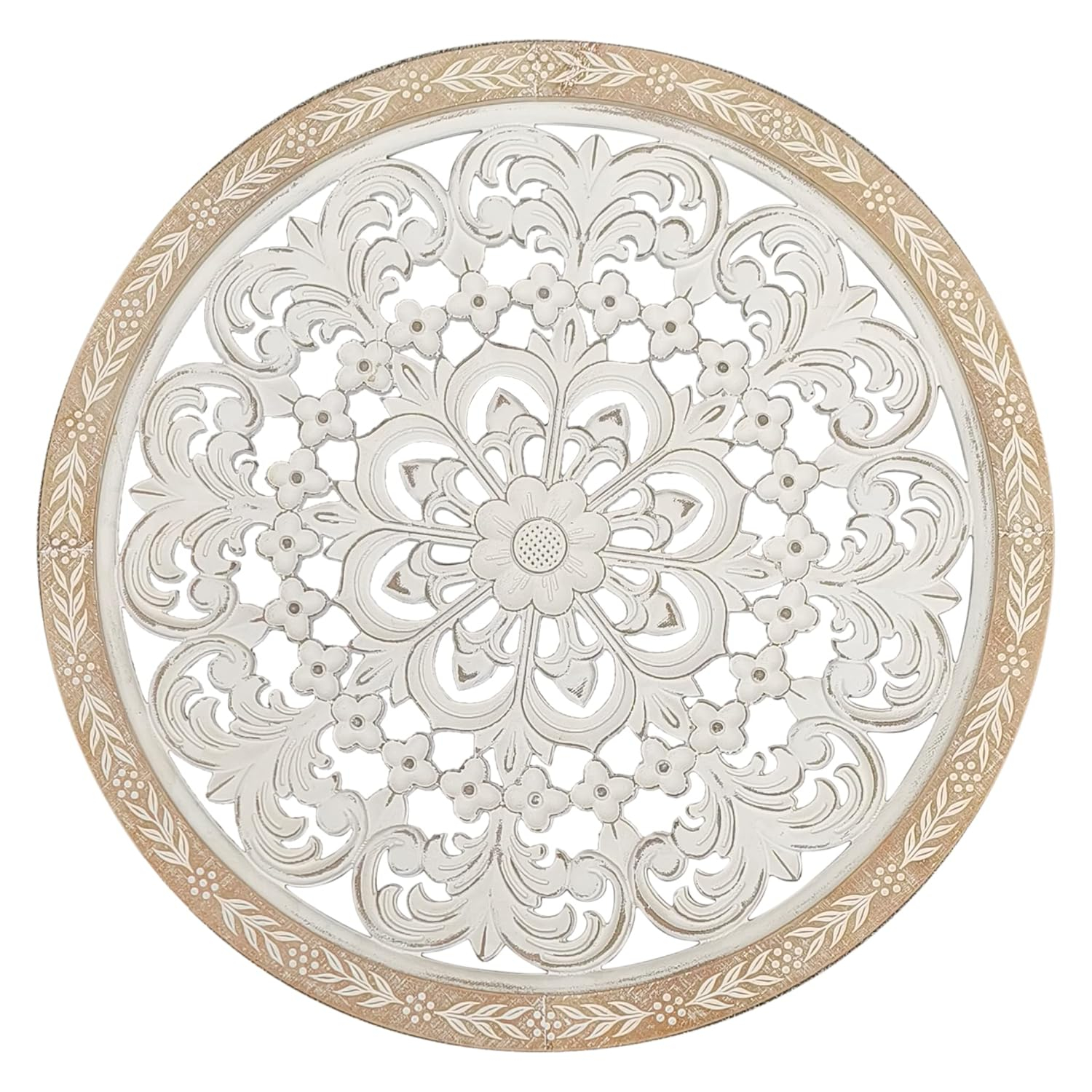 Parisloft 25 Inch Round Carved Wood Wall Decor, Natural Wood and Distressed White Finish,MDF with veneer, Farmhouse Wood Wall Decor for Living Room, Bedroom