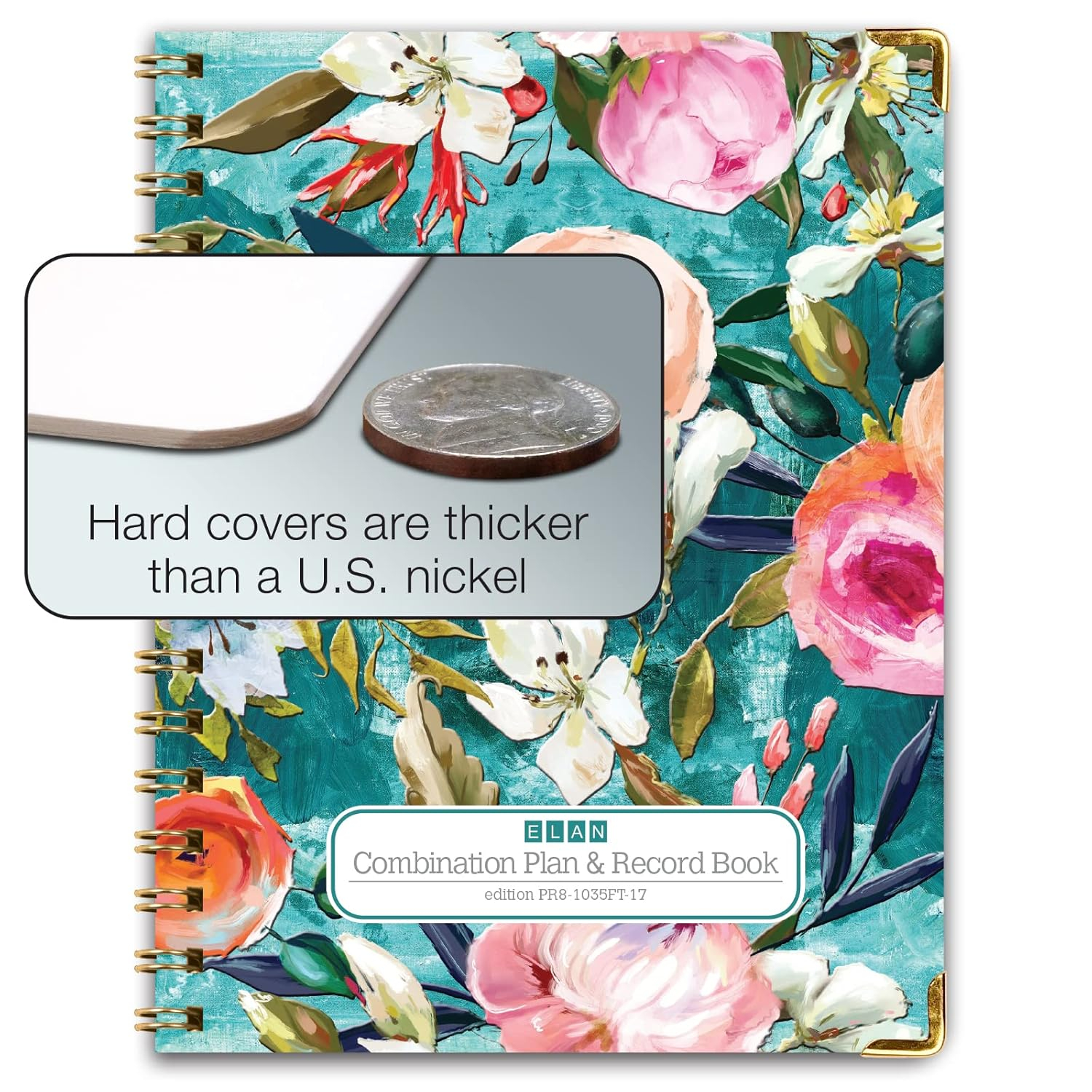 Elan Publishing Company Hardcover Combination Plan and Record Book - 8 Period Teacher Lesson Planner (PR8 + R1035) (Teal Floral)