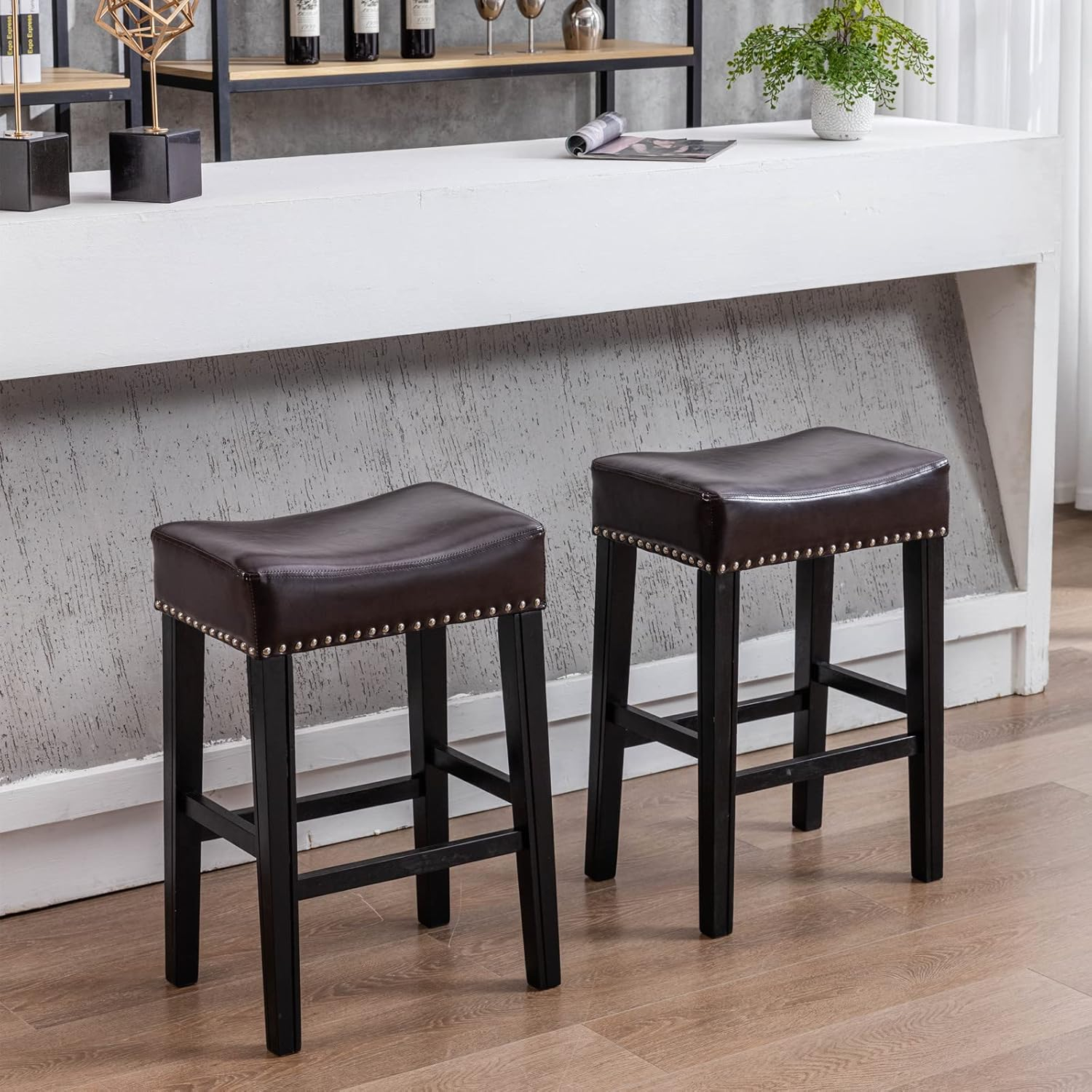 Bar Stools Set of 2, 26" Faux PU Leather Upholstered Counter Height Backless Saddle Stools with Nailhead Trims and Solid Wood Legs Farmhouse Island Chairs for Kitchen Dining Room Pub, Gray