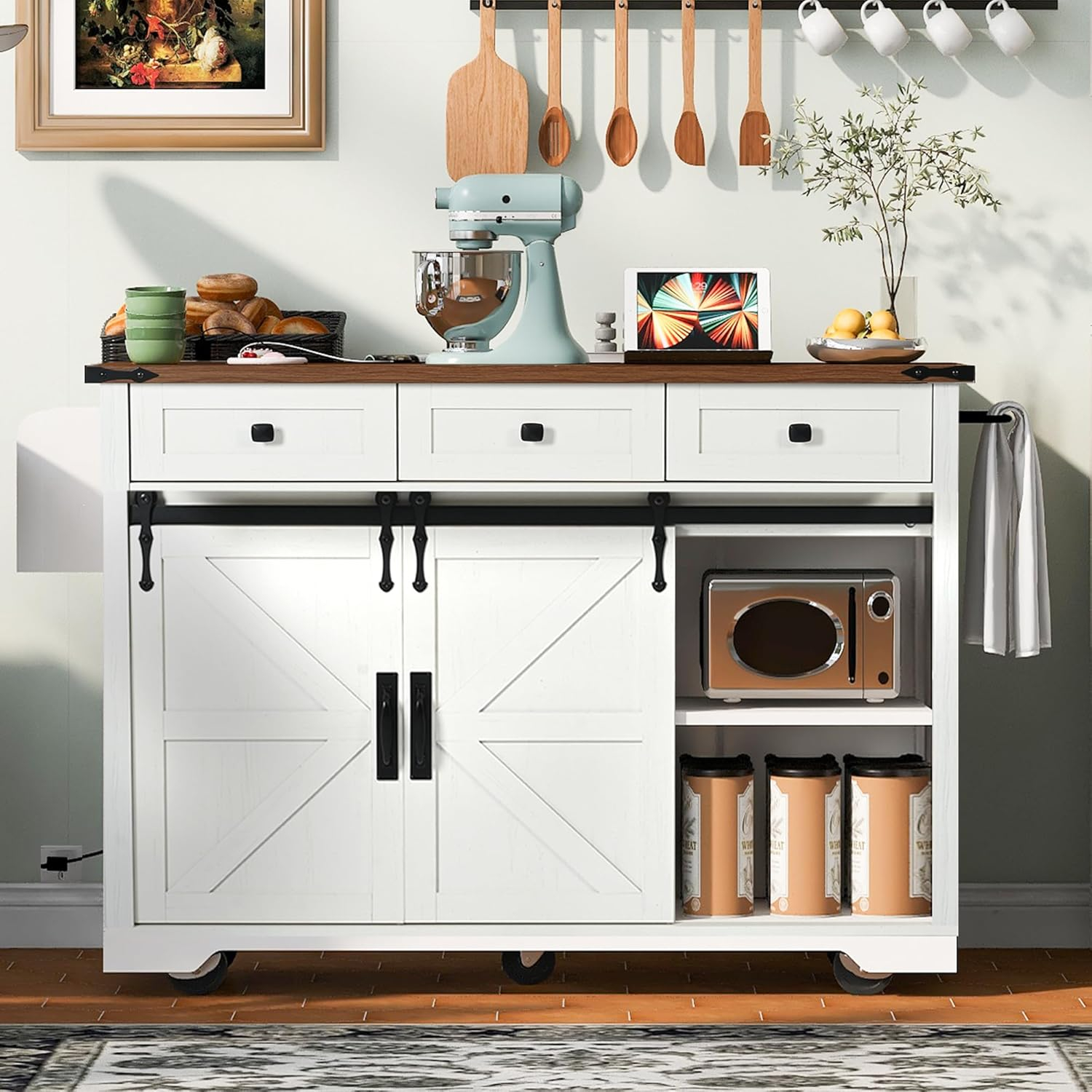 Farmhouse Kitchen Island with Power Outlet, 2 Sliding Barn Door Wood Kitchen Storage Island with Drop Leaf, Spice Rack and Drawer, Rolling Kitchen Cart on Wheels for Dining Room (White-K9)