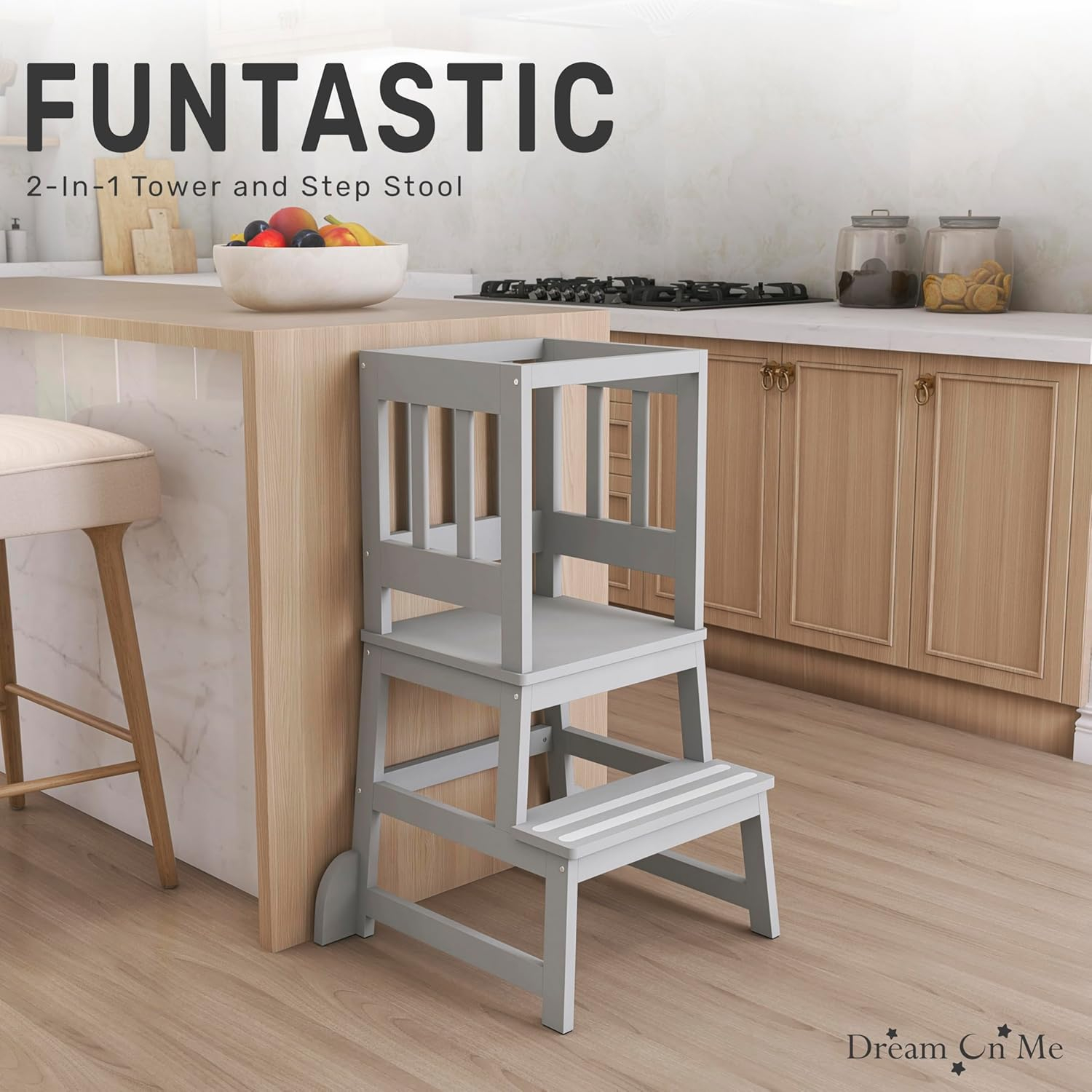 Dream On Me 2-in-1 Funtastic Tower and Step Stool, Easy to Assemble, Cool Grey