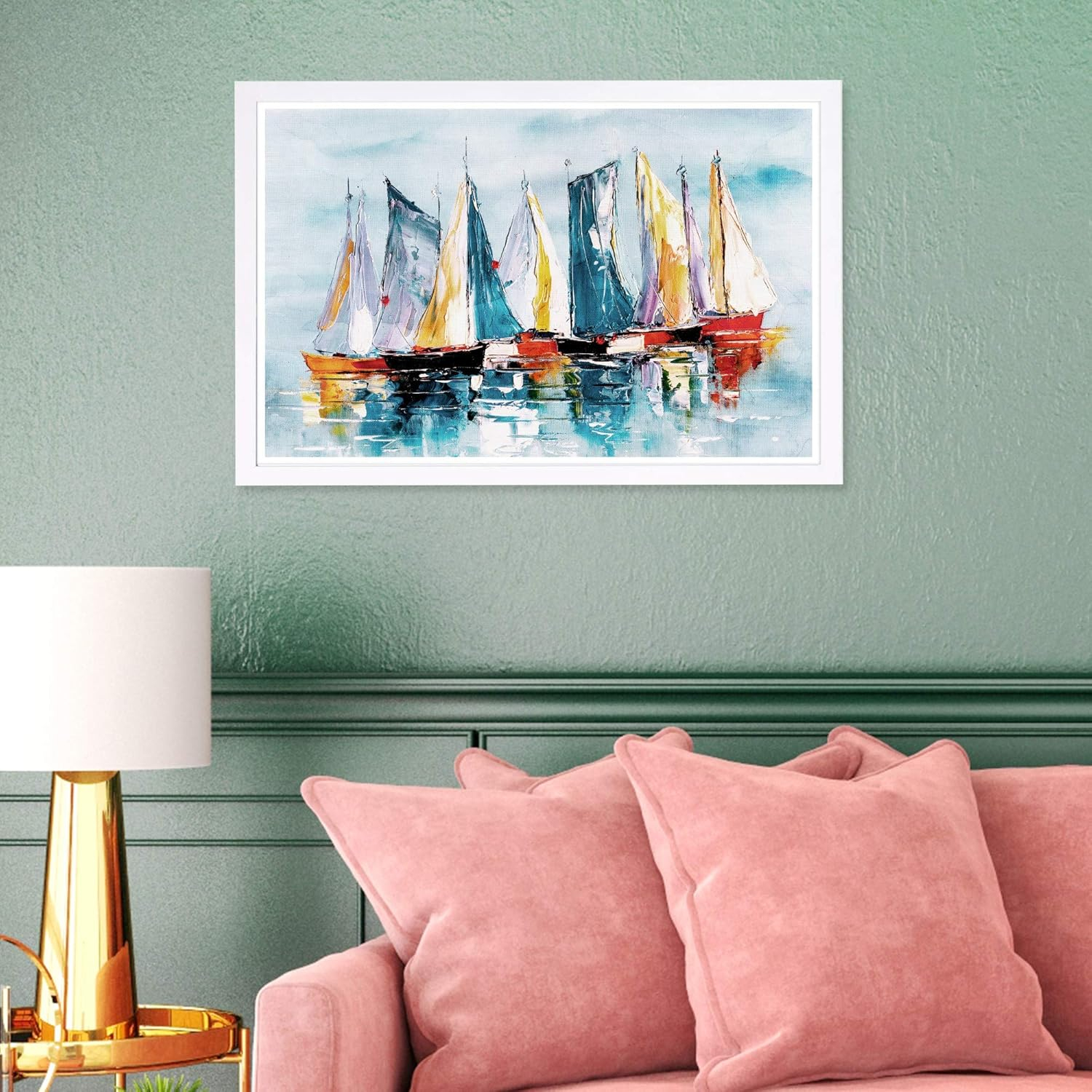 Wynwood Studio 'Beautiful Boat Day' Nautical and Coastal Framed Wall Art Print - Blue, Orange