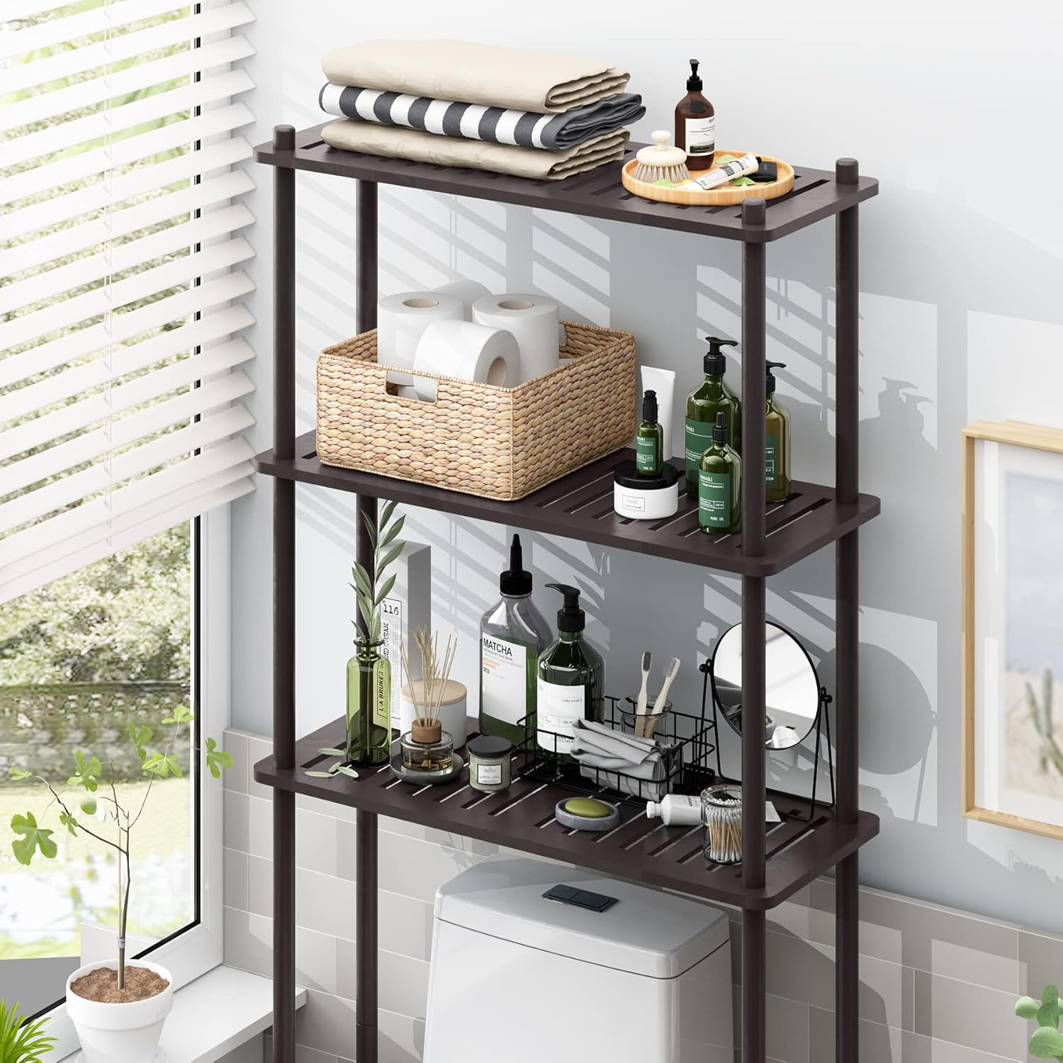 AmazerBath Bamboo Over The Toilet Storage Shelf, Over Toilet Bathroom Organizer Rack, 3-Tier Bathroom Shelves Over Toilet, Space Saver, Espresso