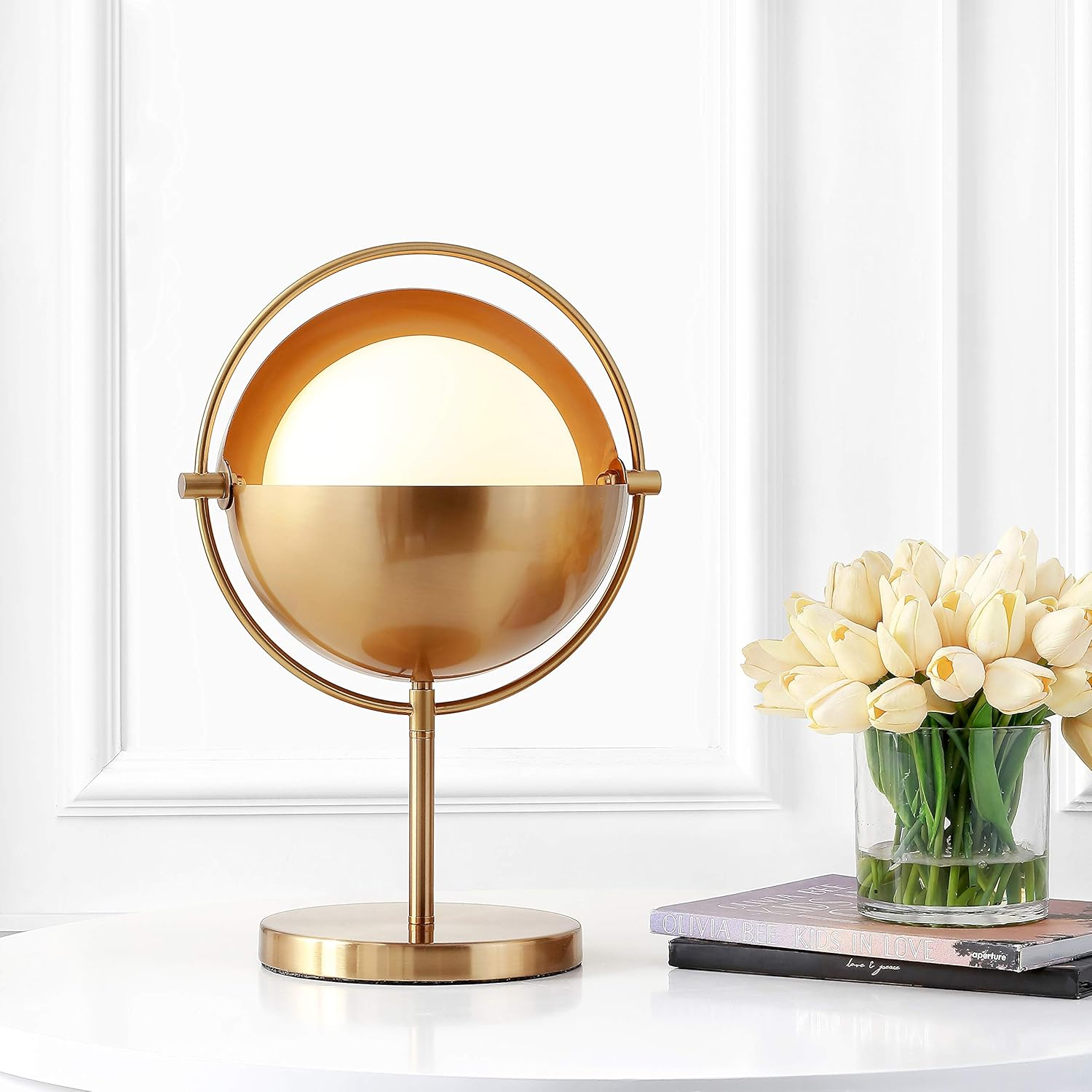 Art Deco-Inspired 17.5" Brass-Gold Globe LED Table Lamp with Frosted Glass