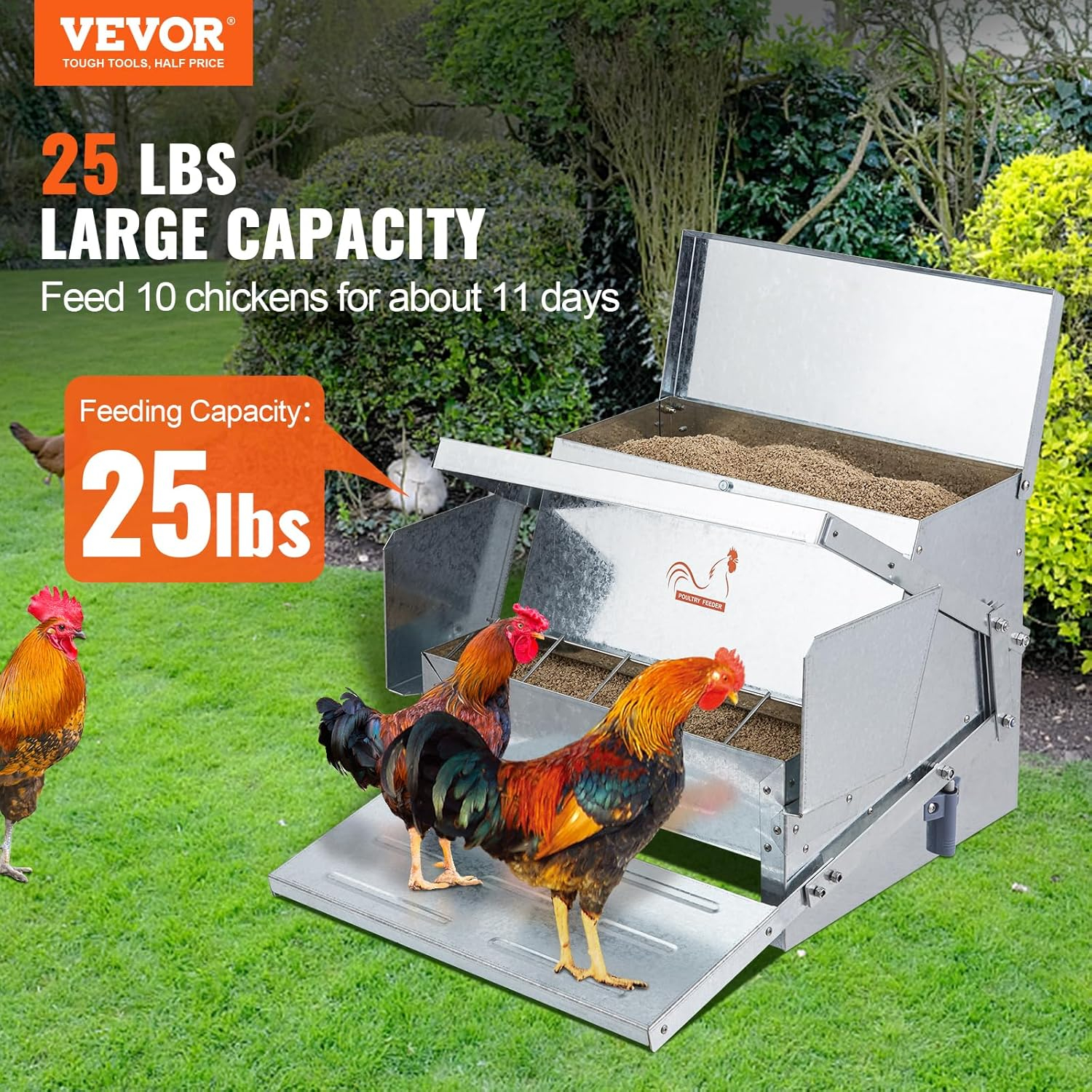 VEVOR Poultry Feeder, 25lbs Capacity, Feed Chicken Feeder with Lid & Lock, Outdoor Coop Food Dispenser, No Waste, Weatherproof Galvanized Metal Feeder for Ducks, Geese