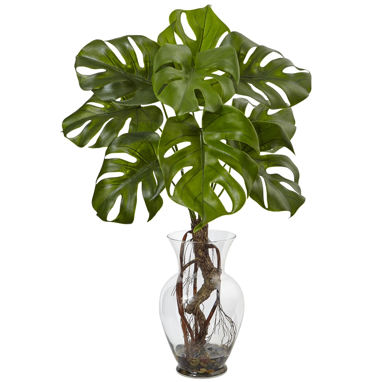 Nearly Natural 26-in Monstera Plant in Rocks with Glass Vase