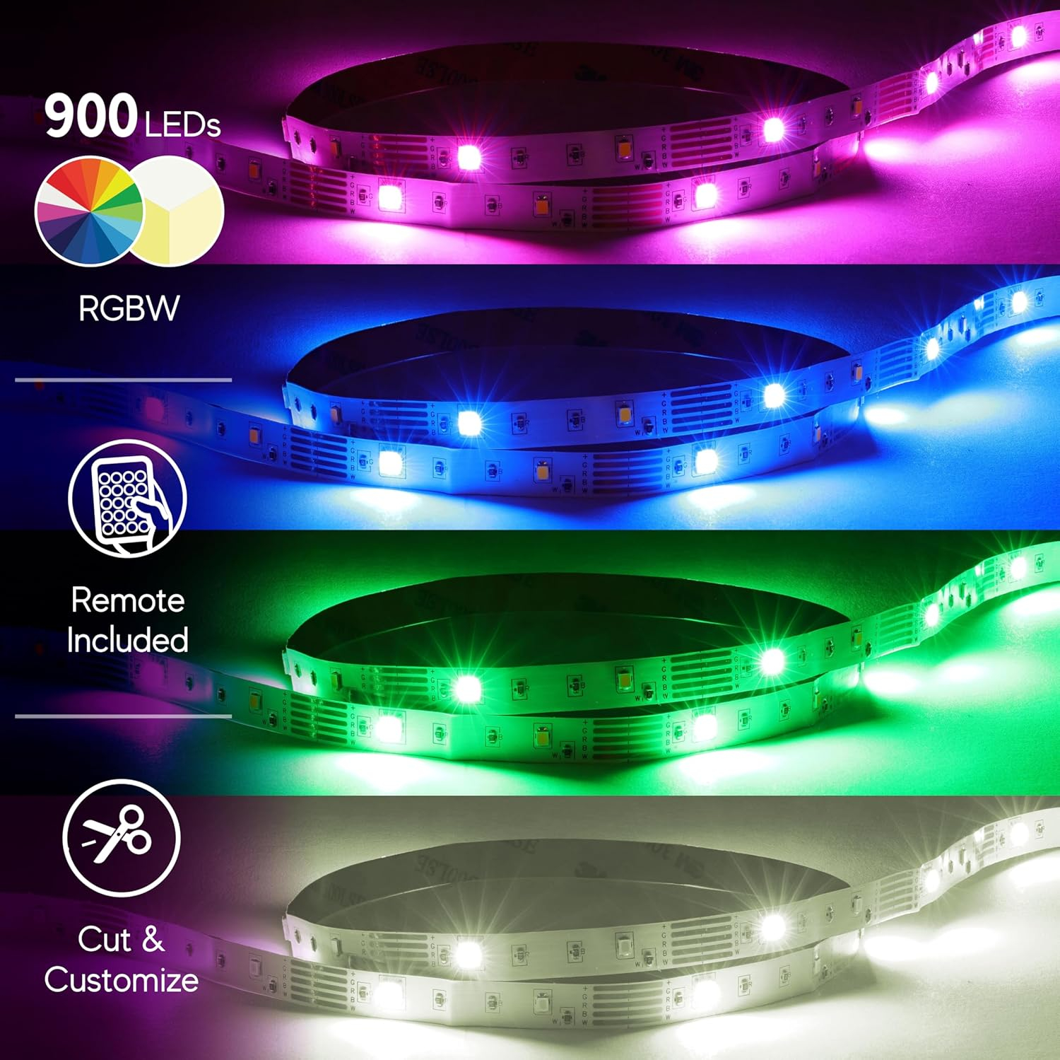 Xtreme Lit 100ft Cut & Customize Indoor LED Light Strip Kit, Includes 3 Connectors, 900 LEDs, 4 Modes, Remote & 24V Adapter.