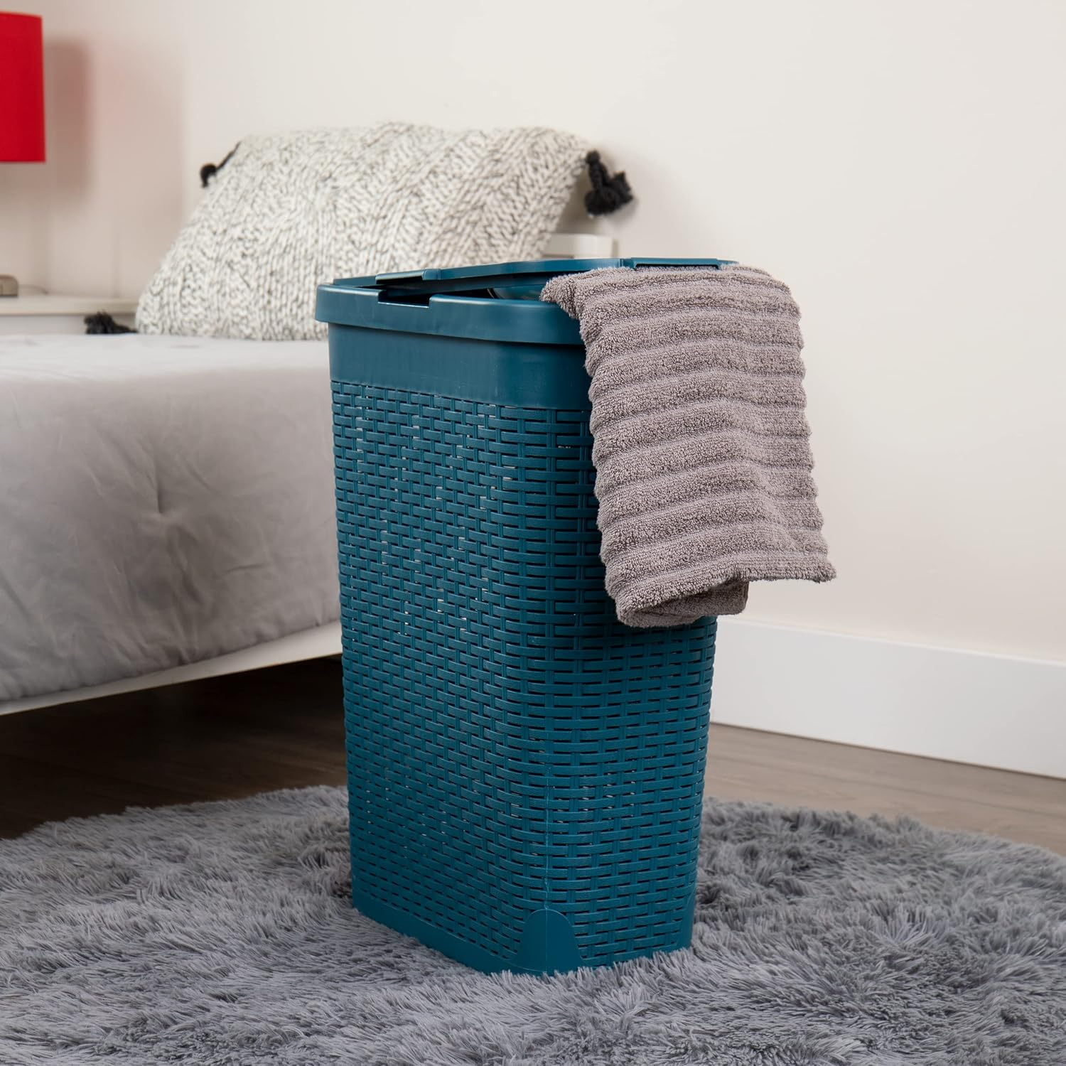 Mind Reader 40L Slim Laundry Hamper, Clothes Basket, Lid, Wicker Design, Plastic, 18"L x 10.4"W x 23.5"H, Set of 2, Blue
