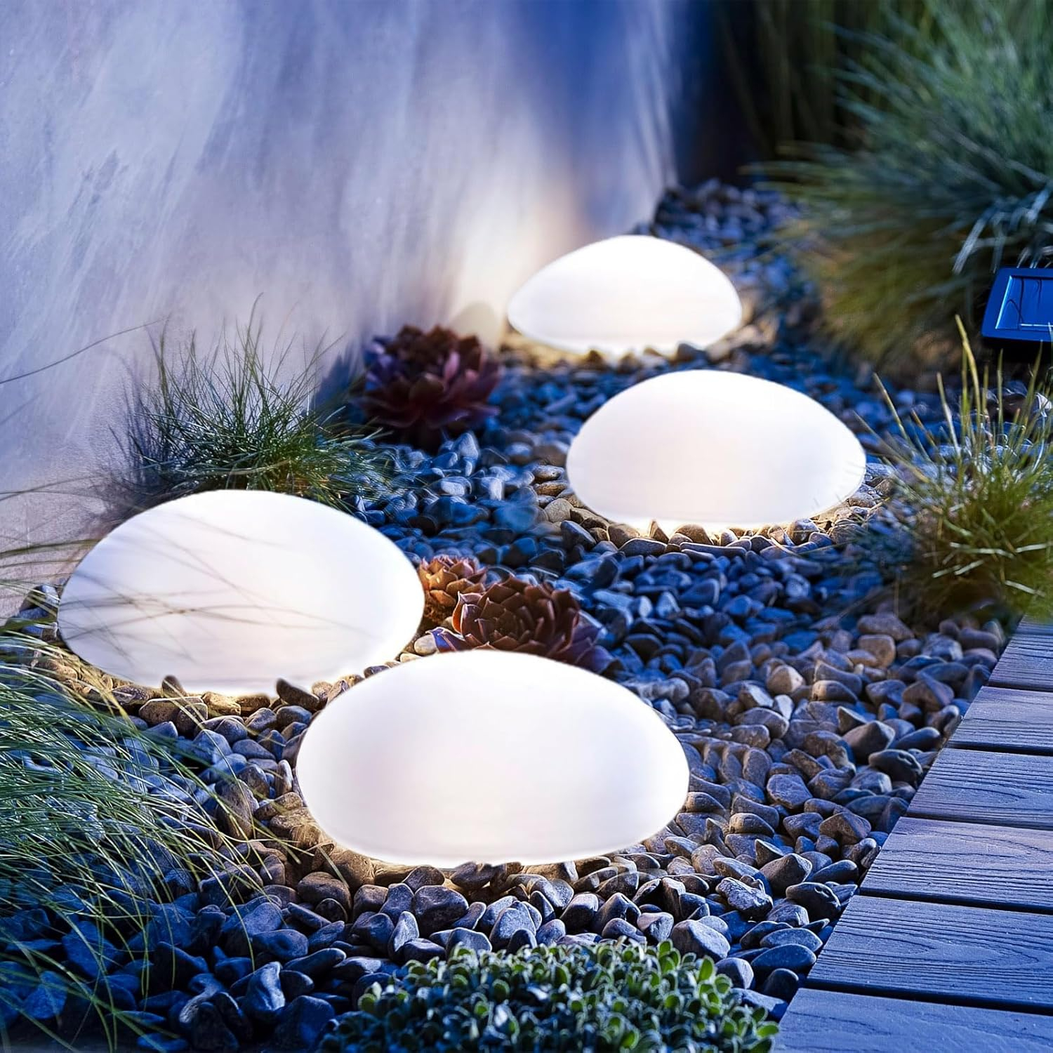 Set of 4 Solar Lights Outdoor Waterproof Solar Pebble Rock Garden Lights Decorative with Warm White LED