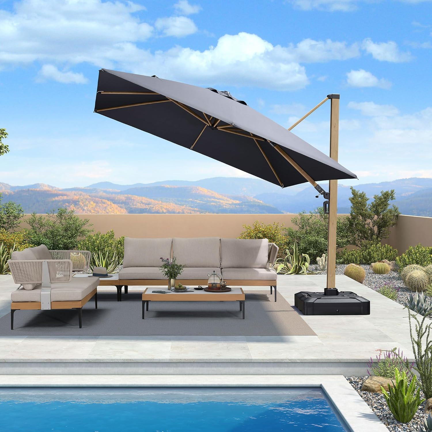 PURPLE LEAF 10FT Patio Umbrella Square Cantilever Umbrella Teak Finished Aluminum Frame Large Windproof Offset Outdoor Sun Umbrellas for Beach Pool Deck, Grey
