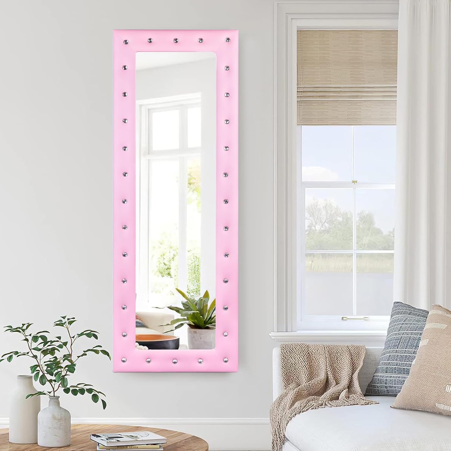 Naomi Home Crystal Tufted Floor Mirror Full Length 63 LX22 W Wall Mirror Full Length Standing Wall with Faux Wood Frame Mirrors for Bedroom - Pink