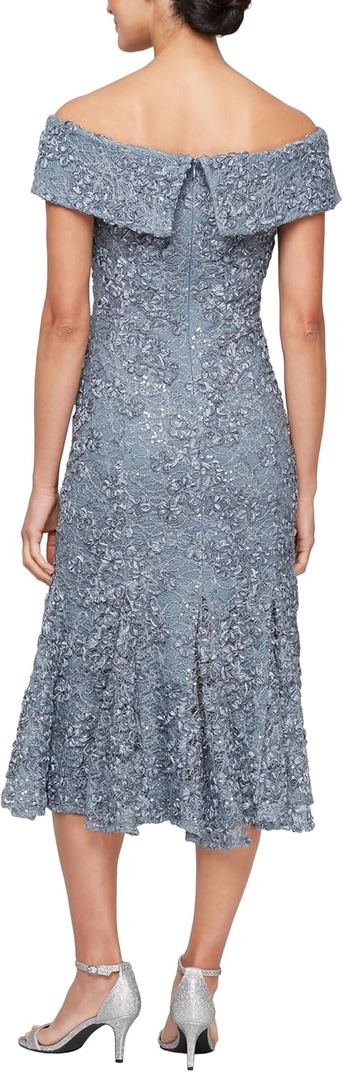 Pewter Lace Off the Shoulder Fit and Flare Midi Dress