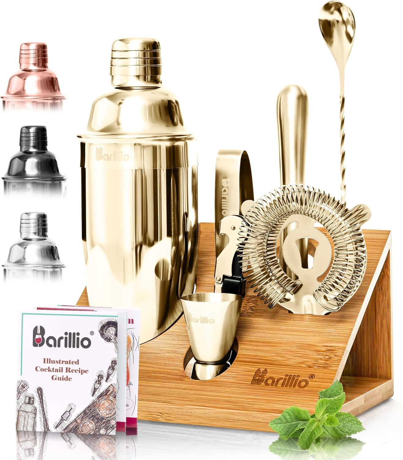 Rose Gold Stainless Steel Bartender Kit with Bamboo Stand