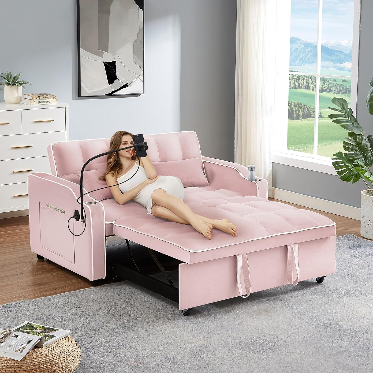 JEEOEHY 3 in 1 Convertible Sleeper Sofa Bed,Velvet Pull Out Couch Bed w USB&Type C Port,Comfy Futon Loveseat w Adjustable Backrest&Phone Stand&Cup Holder for Living Room Apartment Small Space(Pink)