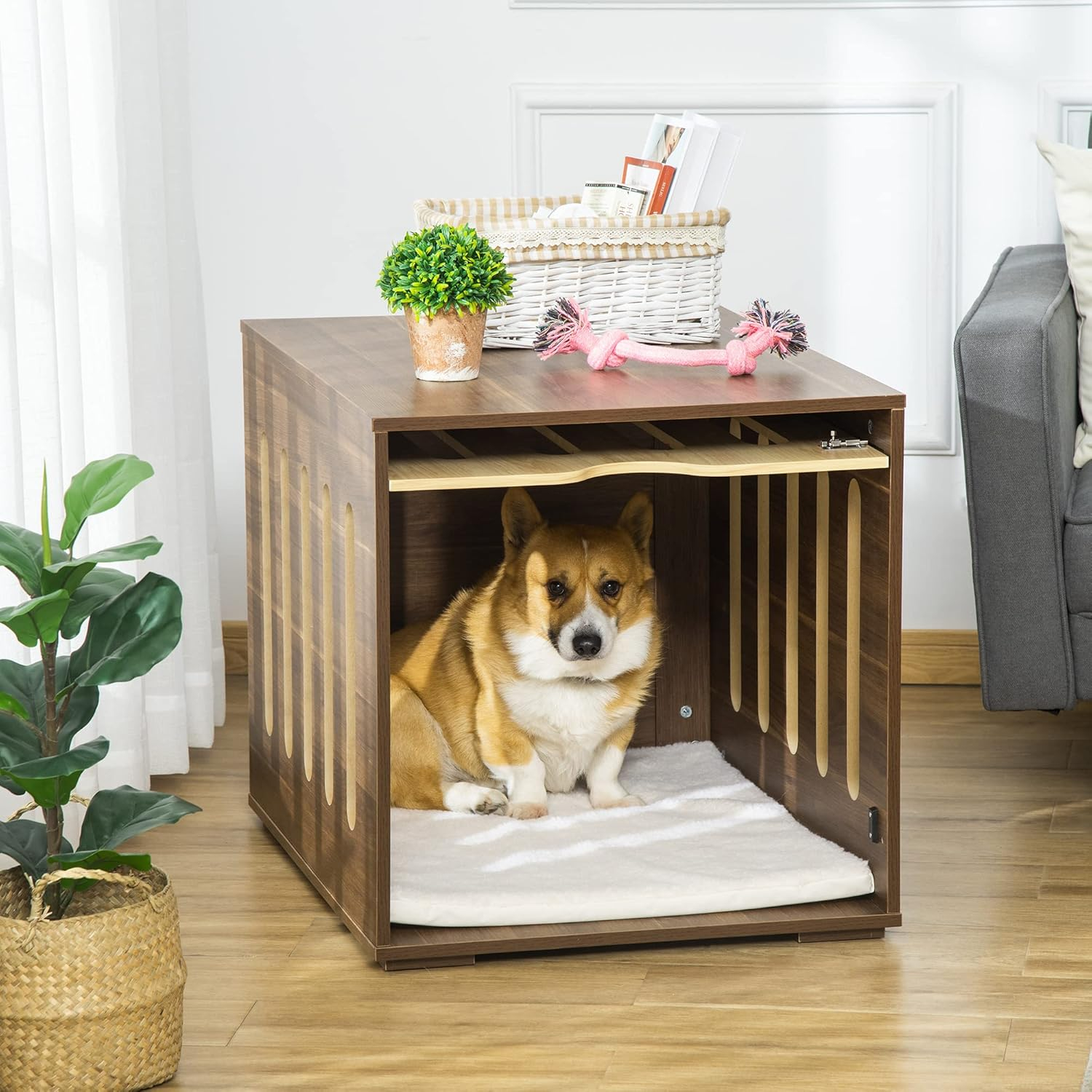 PawHut Furniture Style Dog Crate End Table with Removable Door Panel, Dog Crate Bed with Foam Cushion, Safety Lock, Indoor Use, for Small & Medium Dogs, Brown
