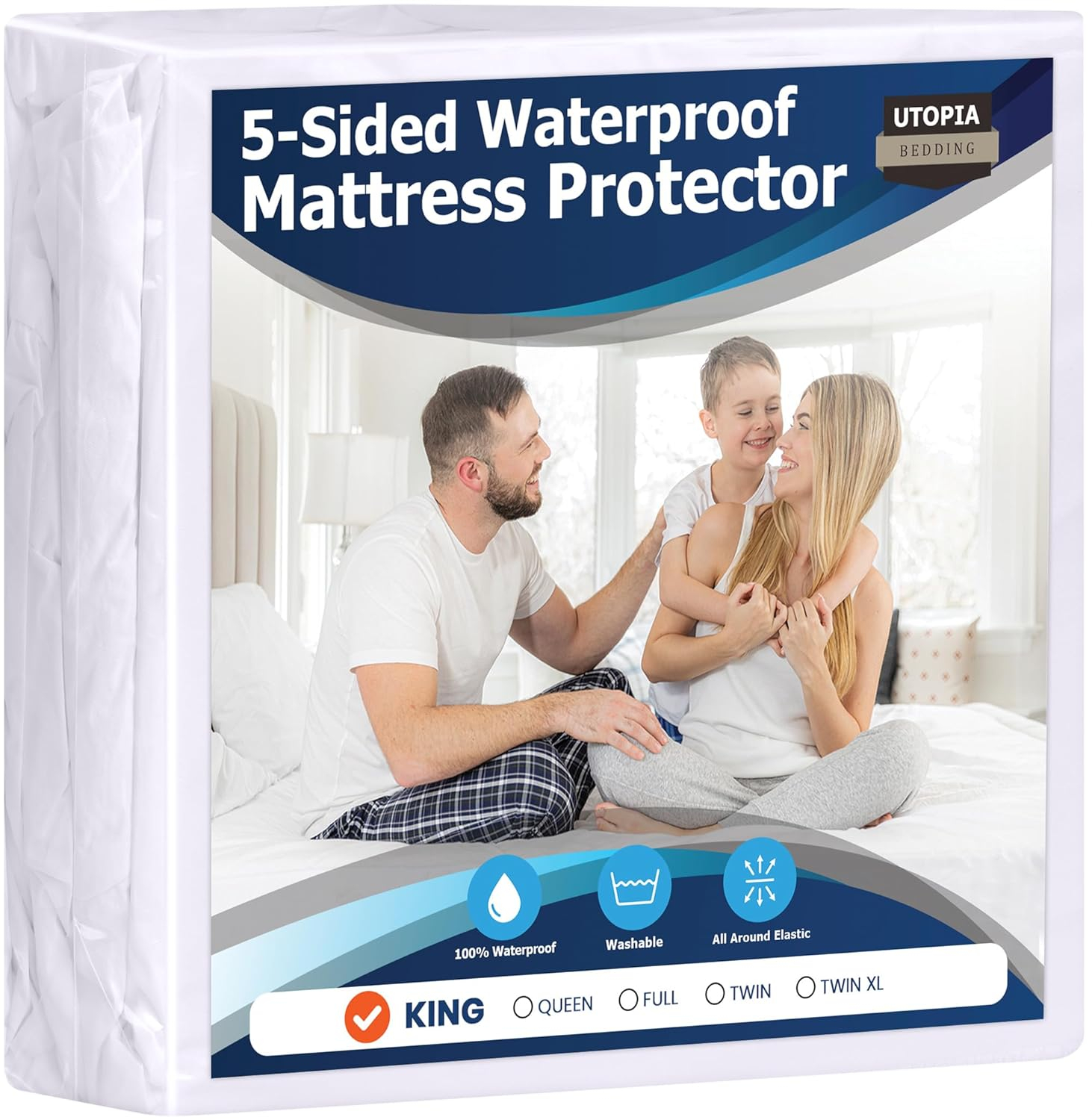 Utopia Bedding Waterproof 5-Sided Mattress Protector King Size, Premium Breathable Mattress Cover, Fitted Style with Stretchable Pockets (White)