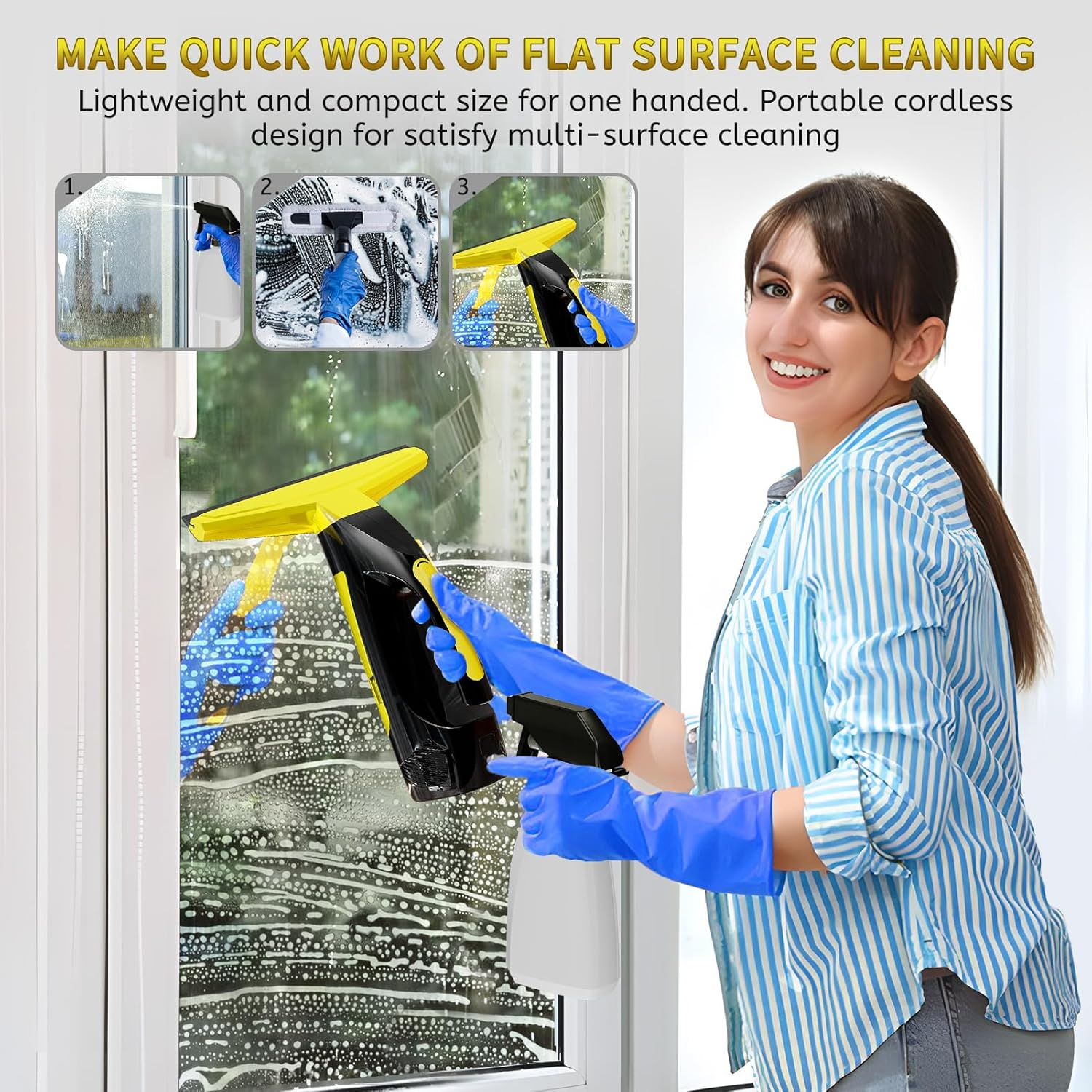 Cordless Black and Yellow Rubber Blade Window Vacuum Squeegee