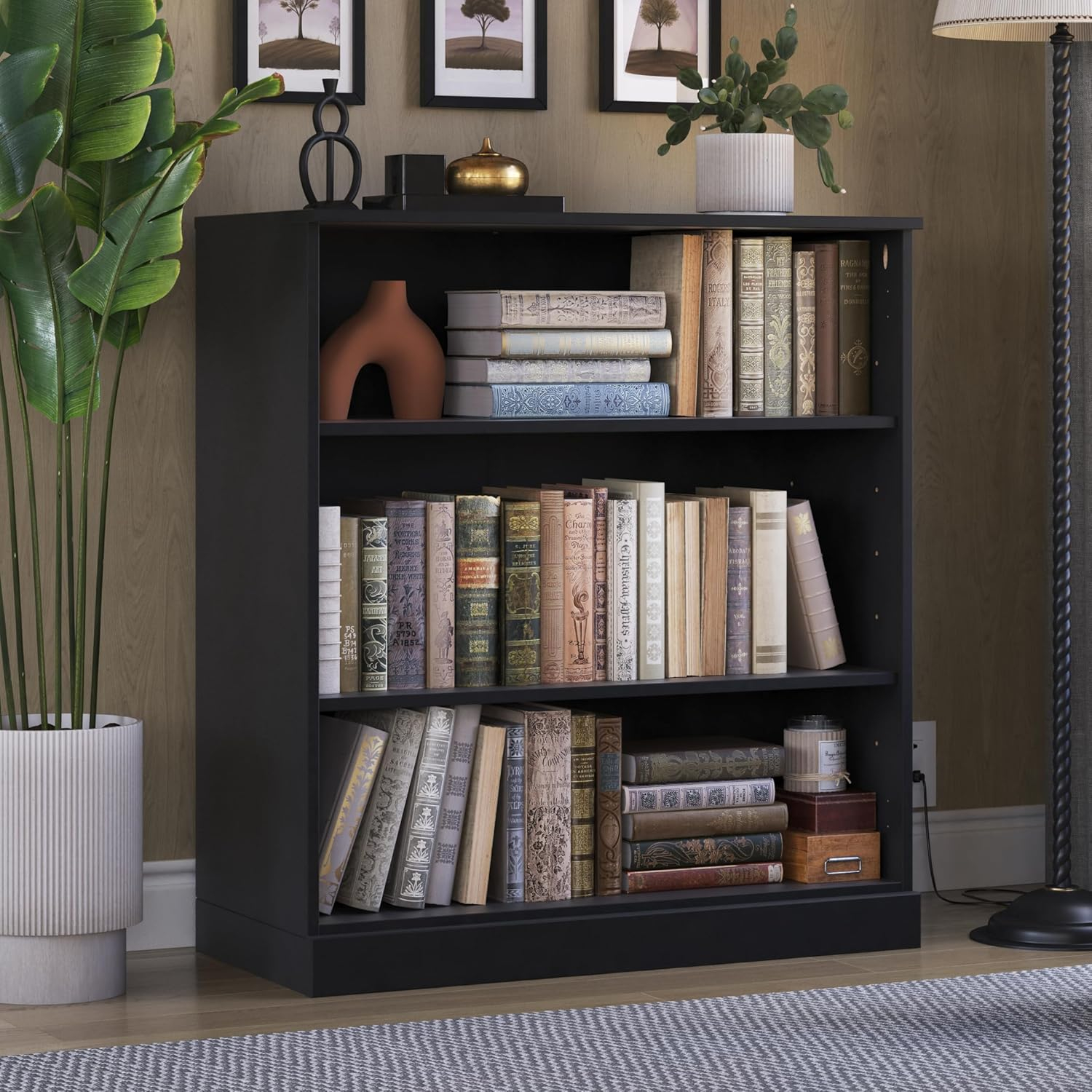 Palace Imports 100% Solid Wood 3-shelf Bookcase with Adjustable Shelves, Black