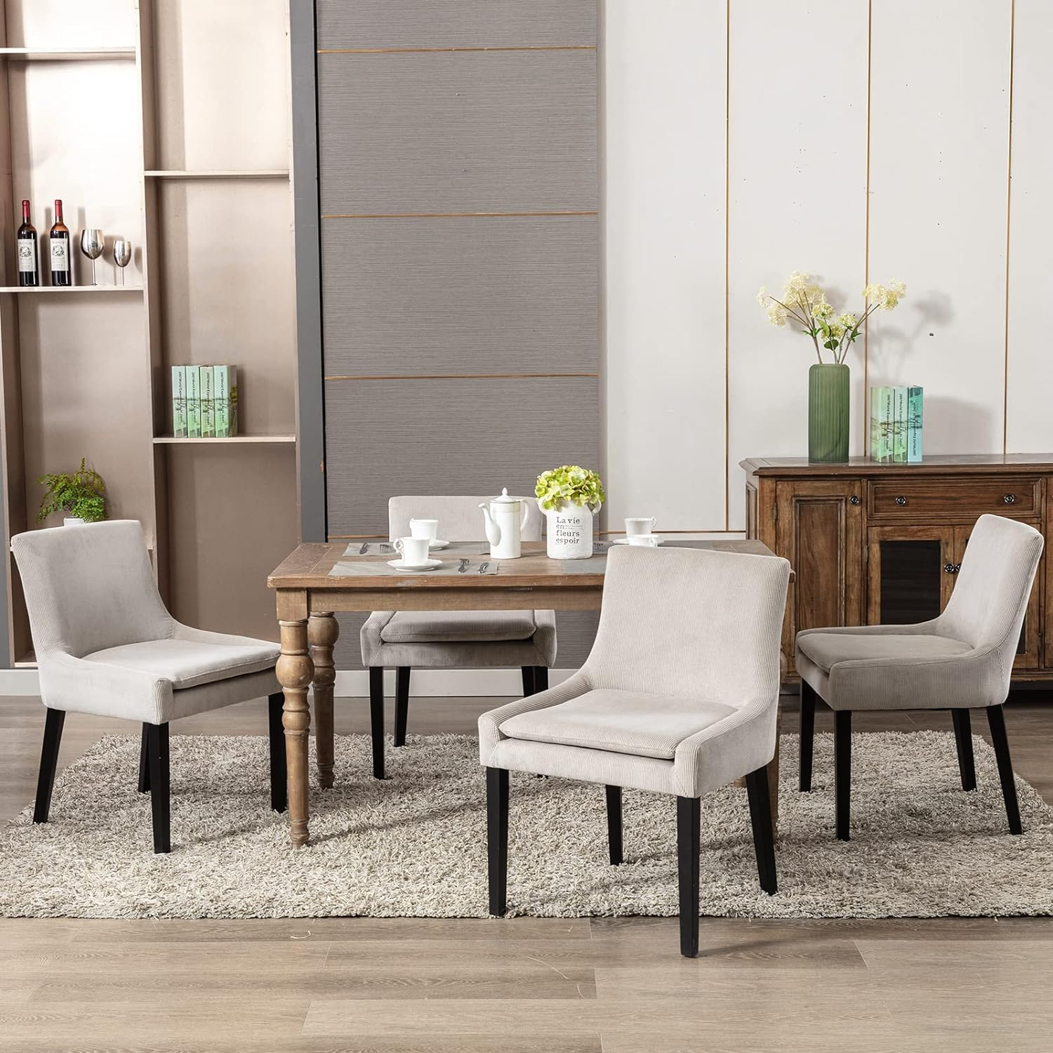 Beige Corduroy Upholstered Dining Chairs with Wood Legs, Set of 6