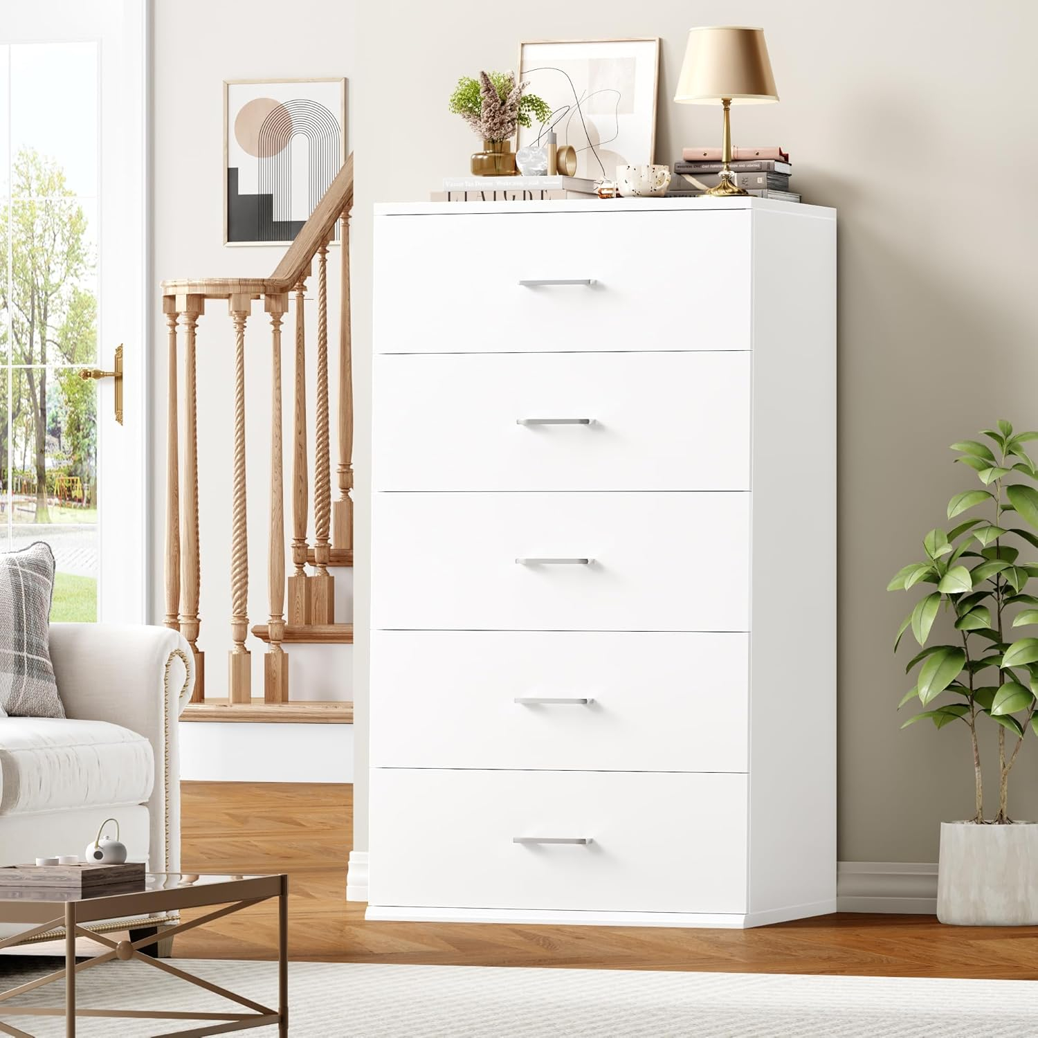 TTVIEW White Dresser, Chest of Drawers with Mental Handles, Tall White Dresser with 5 Drawers, Tall Dressers for Living Room, Kitchen, Entryway
