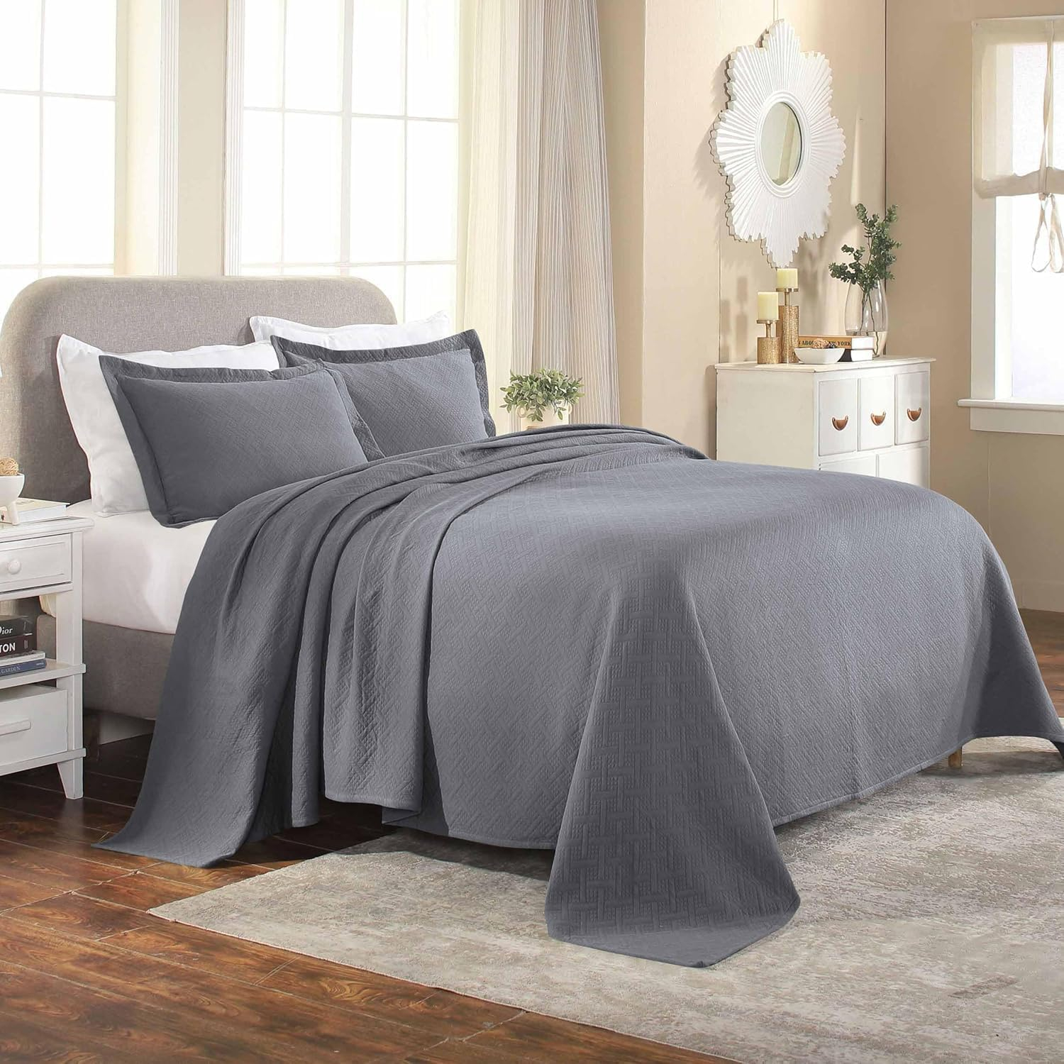 Superior Basketweave Cotton Decorative Bedspread and Sham Set, Queen, Gray