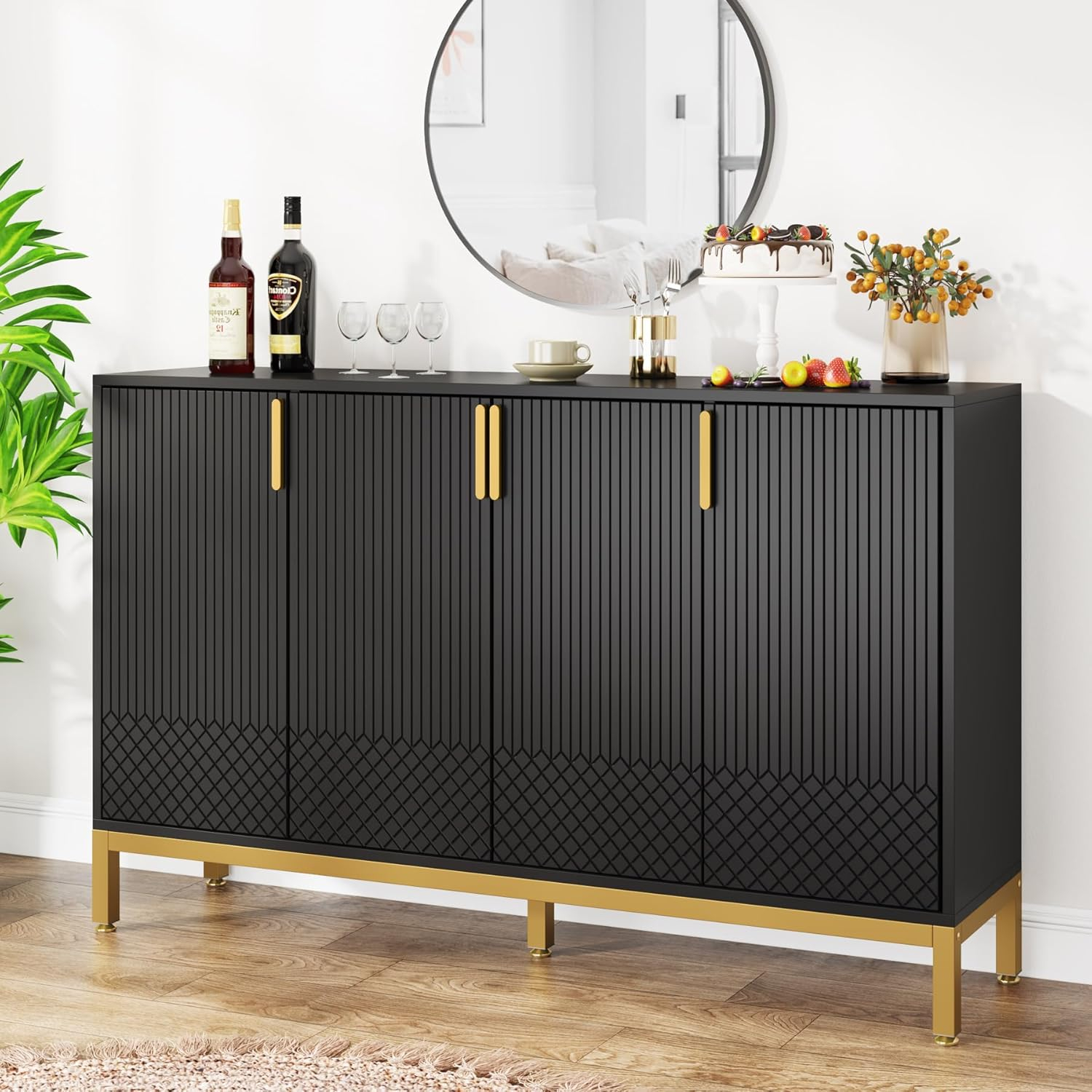 Finmind 59" Buffet Cabinet, 4-Door Storage Sideboard, Black & Gold Coffee Bar Cabinet for Dining Room or Living Room
