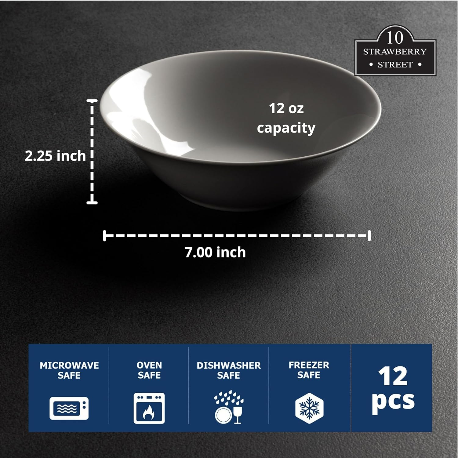 Ten Strawberry Street 7" Catering Round Ceramic Cereal Bowl, Set of 12, White