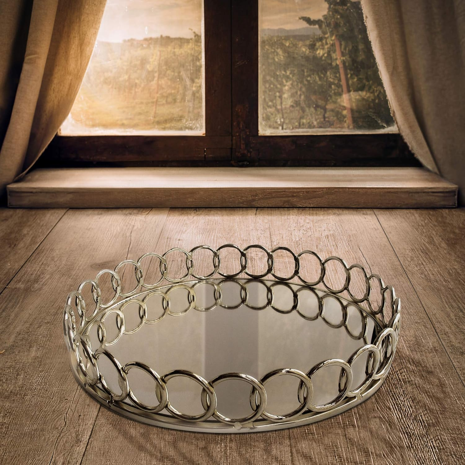 Silver Round Mirror Serving Tray with Looped Detailing