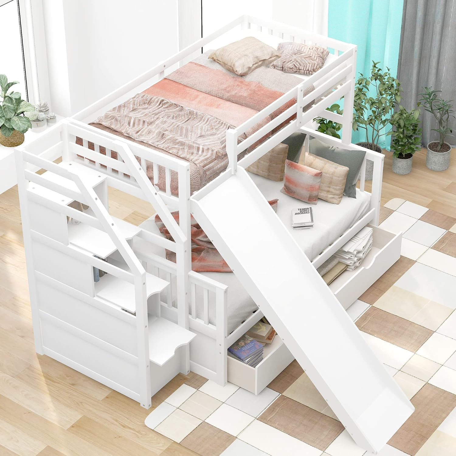 Twin Over Full Bunk Bed with Stairs and Slide, Solid Wood Bunk Bed Frame with Storage Drawers for Kids Girls Boys (White)