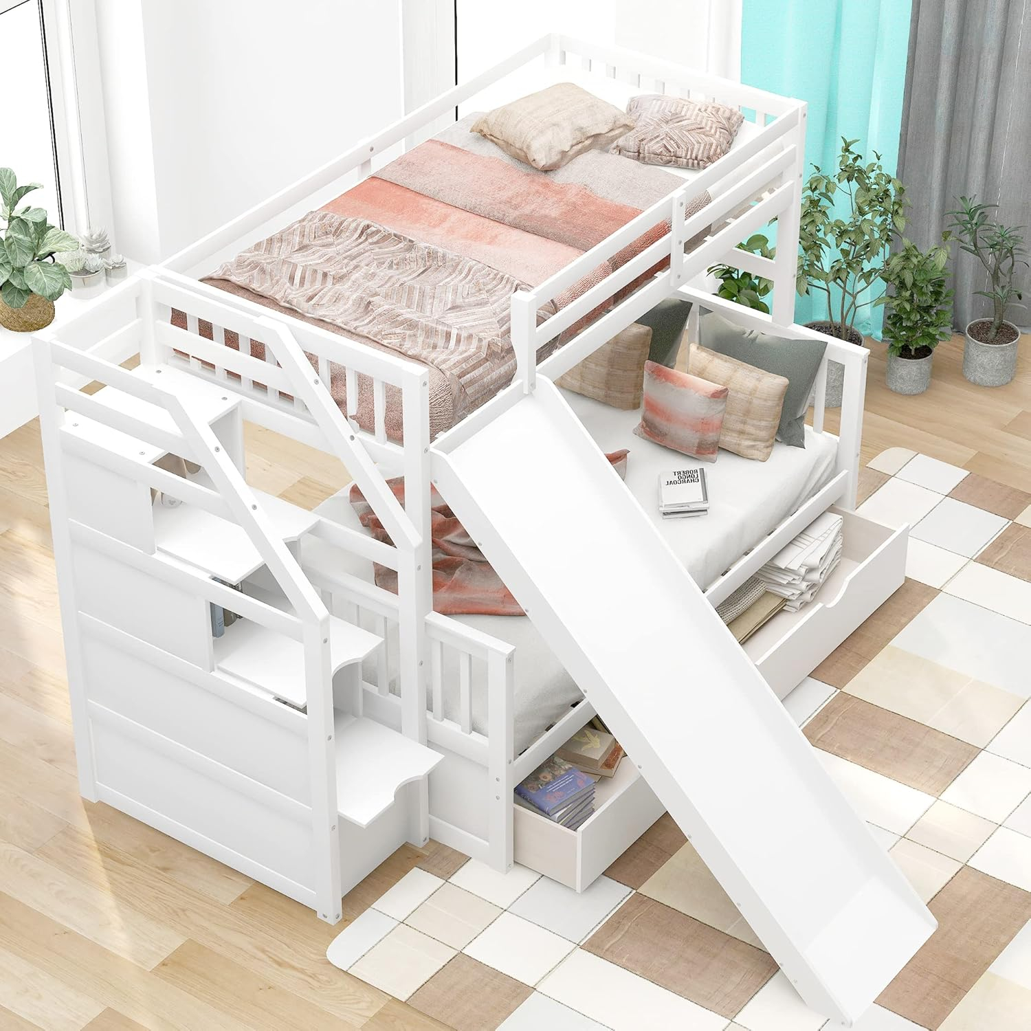 Twin Over Full Bunk Bed with Stairs and Slide, Solid Wood Bunk Bed Frame with Storage Drawers for Kids Girls Boys (White)