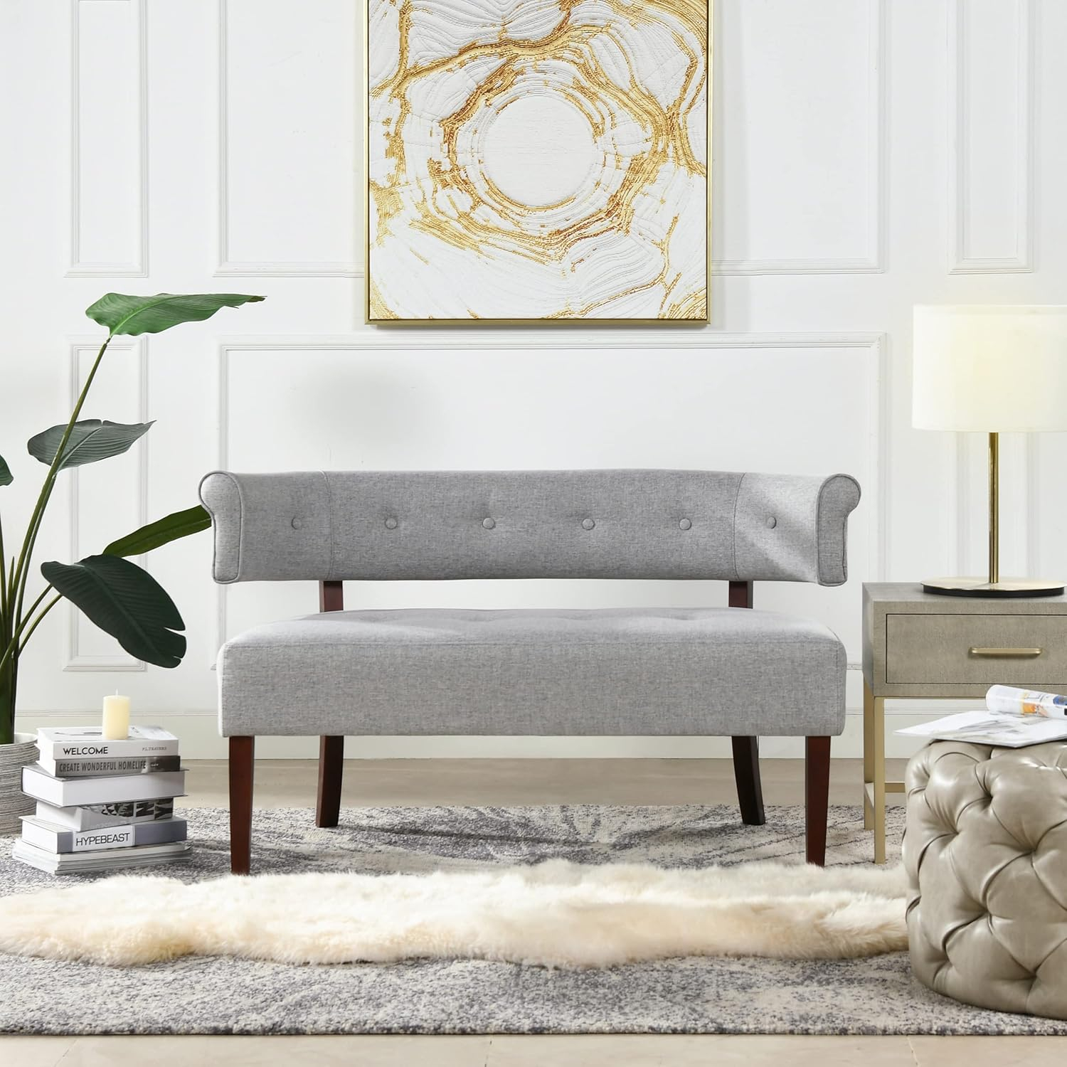 Light Gray Polyester Tufted Roll Arm Settee Bench