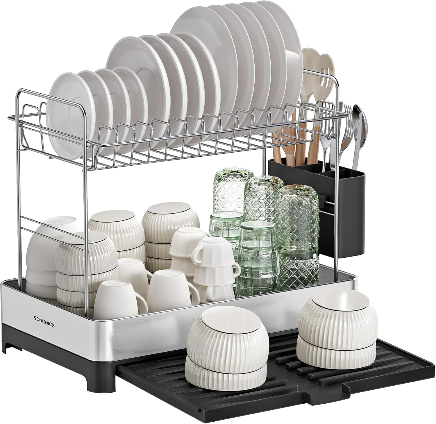 SONGMICS 2-Tier Small Dish Drying Rack, Expandable Dish Dryer for Kitchen Counter, Stainless Steel Dish Rack with Utensil Holder, Rustproof, for Dishes, Knives, Spoons, Forks, Silver Black UKCS036B01