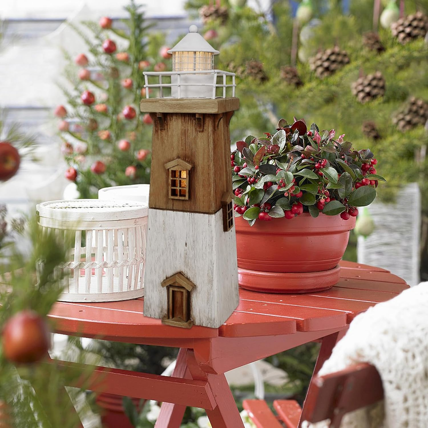 Rustic Wooden Nautical Lighthouse with LED Light, 13.78"