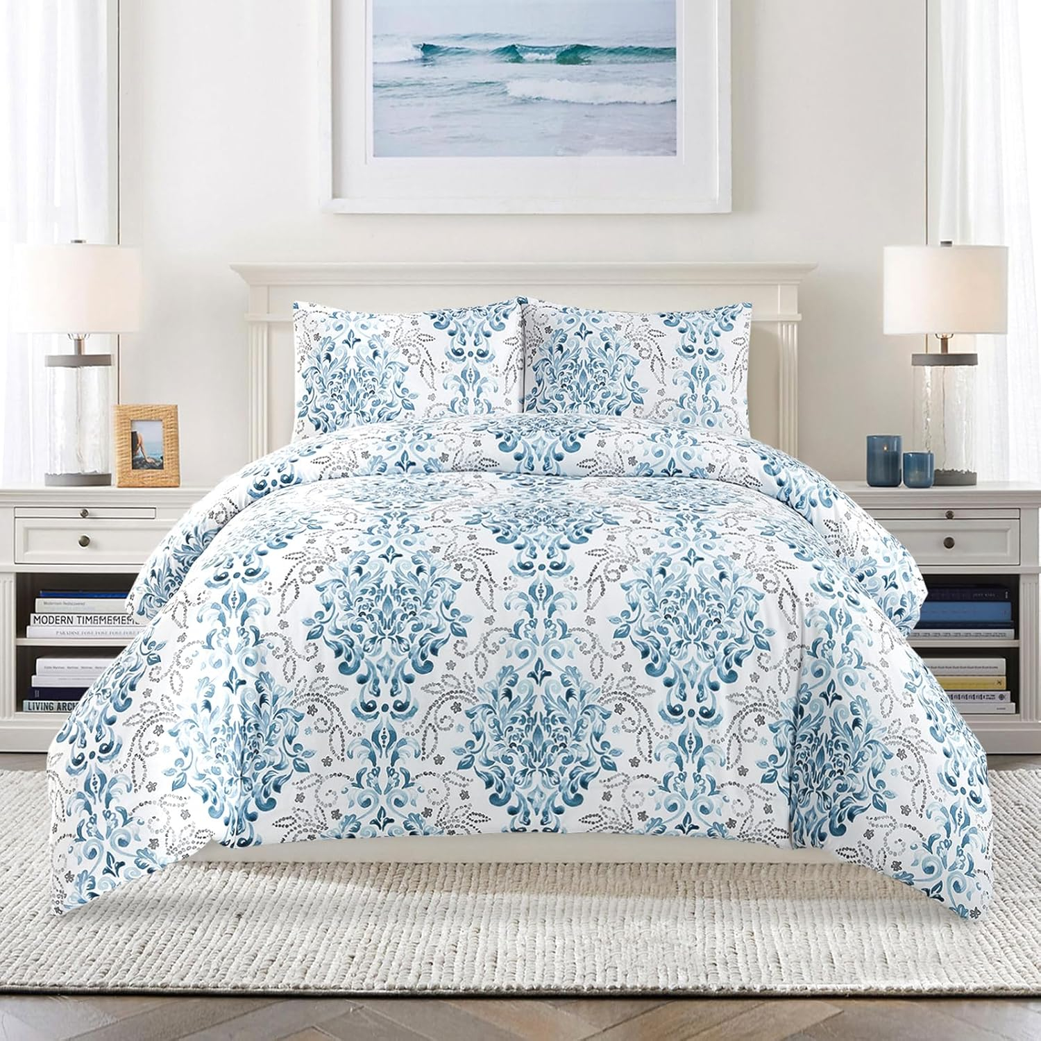 Blue and White Damask Queen Size Microfiber Duvet Cover Set