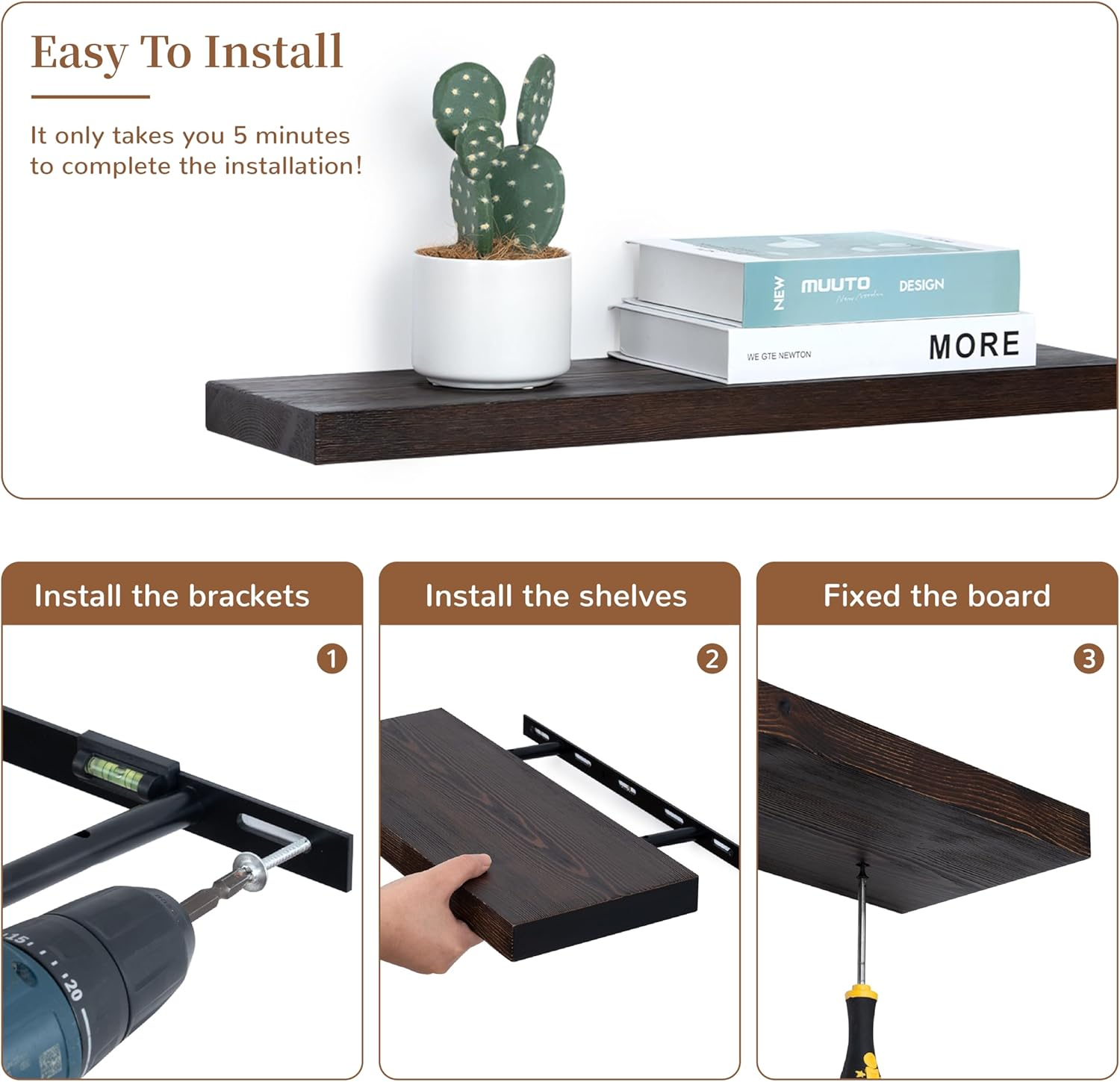 Marsmiles Wood Floating Shelves for Wall - 24 Inch Dark Wood Shelves Set of 2 - Dark Wooden Floating Shelves for Fireplace Living Room Bedroom