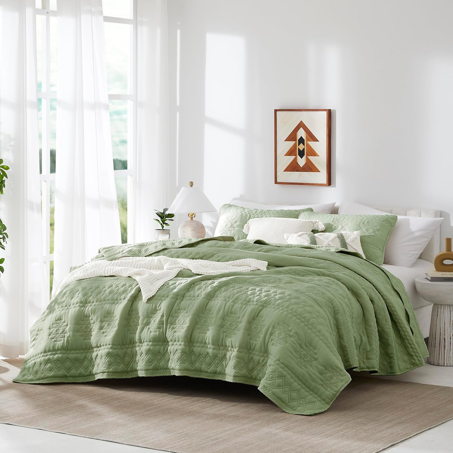 WDCOZY Boho Sage Green Quilts Queen Size Bedding Sets with 2 Pillow Shams, Farmhouse Lightweight Soft Bedspread Coverlet for All Season, 3 Pieces, 90x90 inches
