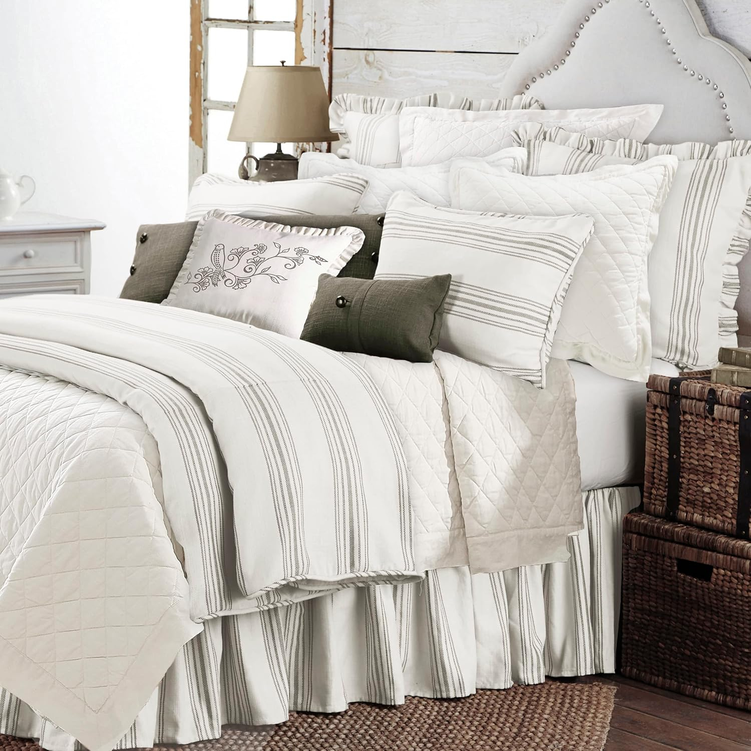 King Size Ivory and Taupe Cotton Striped Sham Set