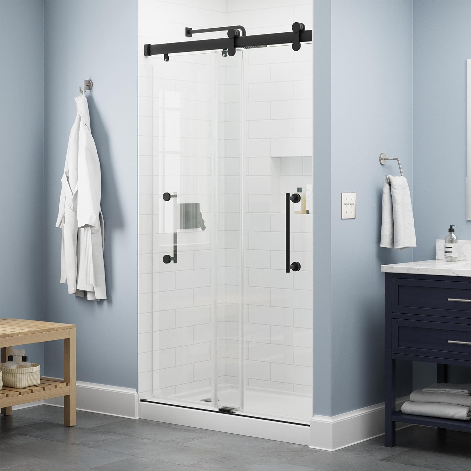 Delta Commix 48 in. x 76 in. Frameless Exposed Roller Sliding Shower Door in Black with 5/16 in. (8mm) Tempered Clear Glass, SDES848-MB-R