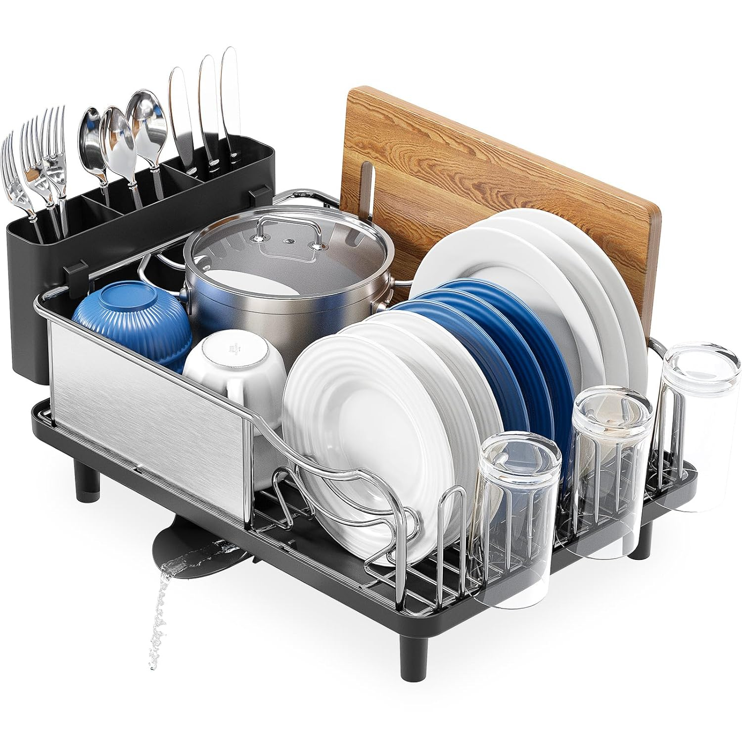 Large Black Stainless Steel Dish Drying Rack with Utensil Cup