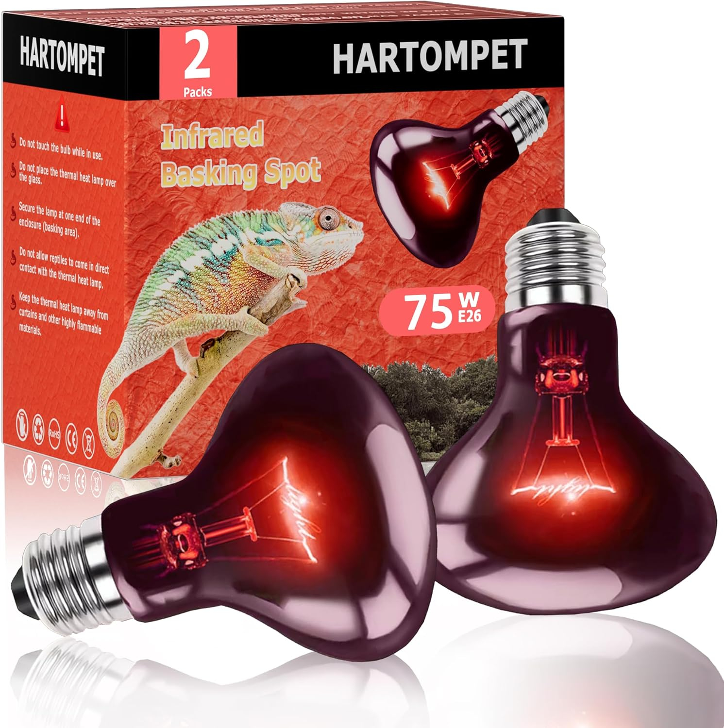 HARTOMPET 75W Infrared Basking Spot Light – Ideal for Reptiles & Amphibians, Red Heat Lamp - 2PCS