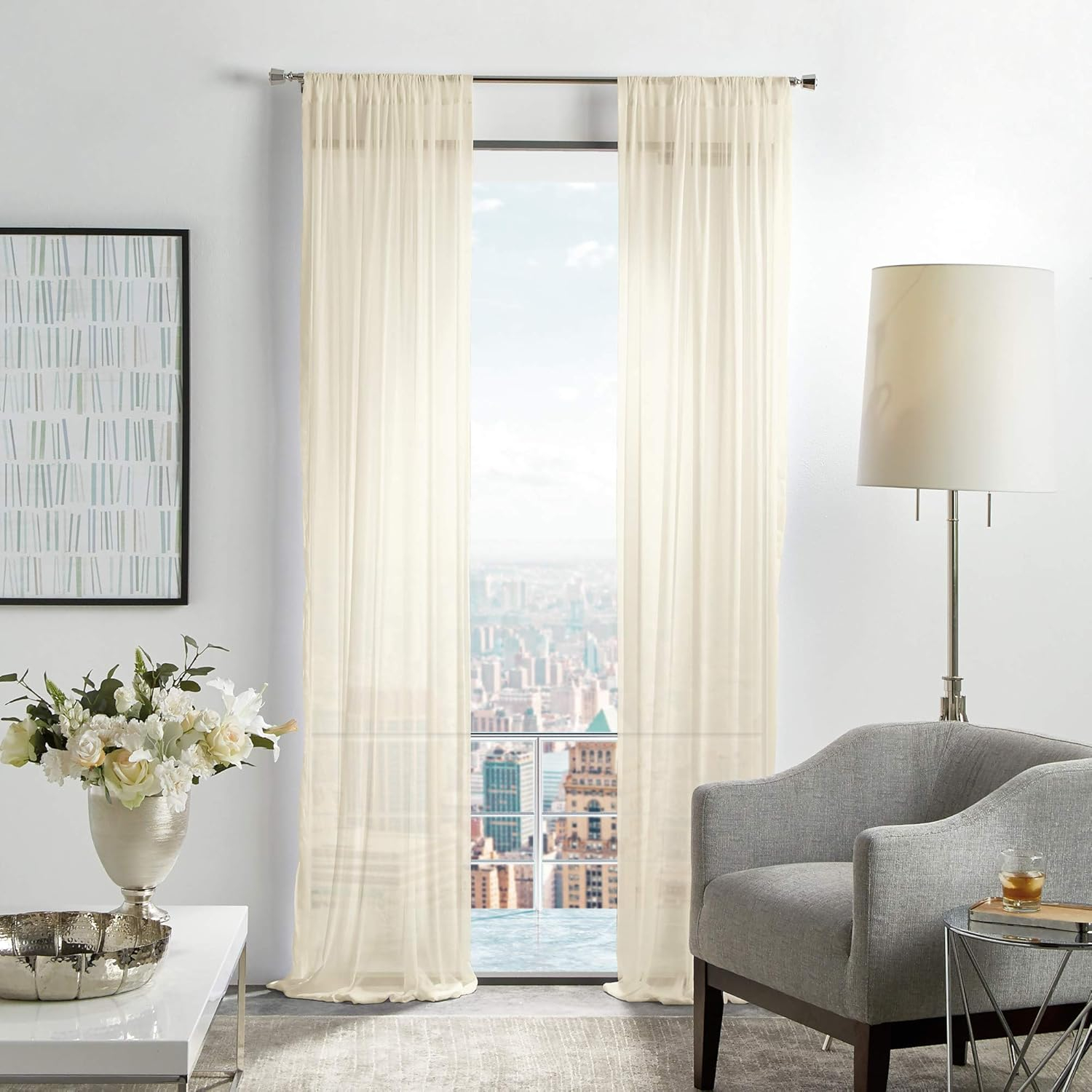 Martha Stewart Glacier Sheer Curtain Poletop, Ivory (Set of Two), 50" x 84", Adult