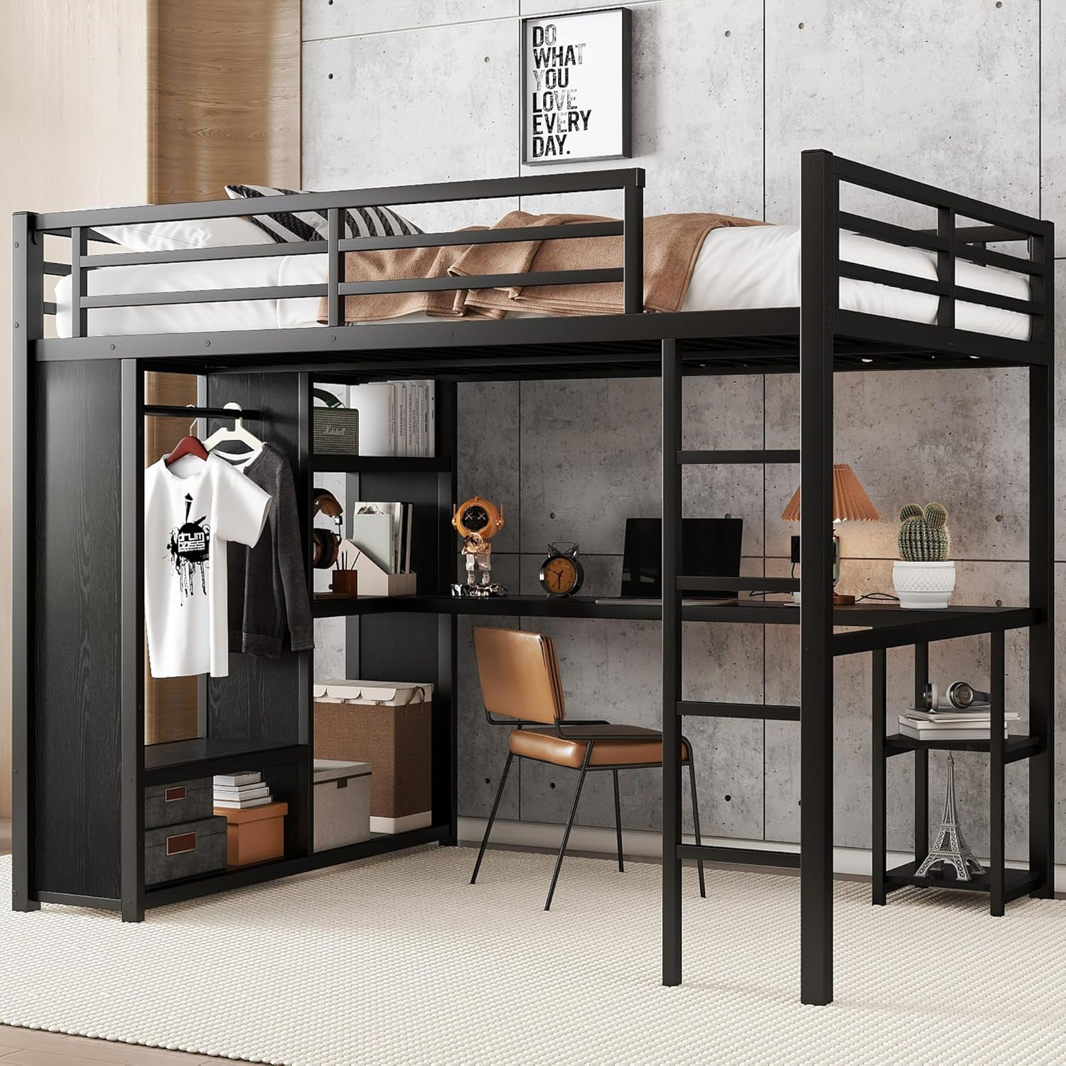 Bellemave Queen Size Loft Bed with Desk and Wardrobe Metal Loft Bed with Storage Shelves Loft Bed Frame with Guardrails for Kids, Teens, No Box Spring Needed (Queen, Black)