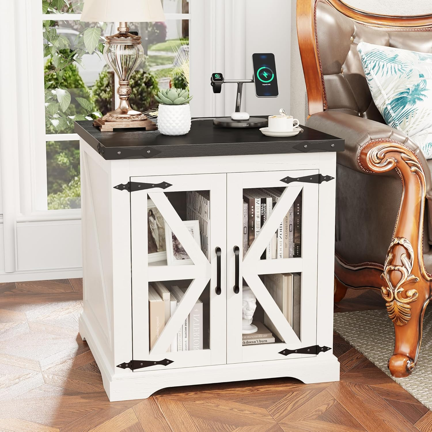Farmhouse End Table with Charging Station, 24" Large Sofa Side Table with Glass Barn Door, LED White Nightstand with Adjustable Storage Shelf, Rustic Wood Bedside Table for Living Room, Bedroom