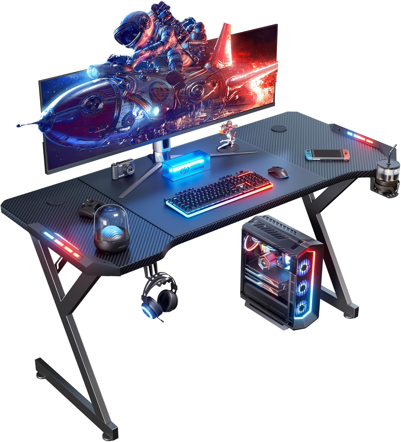 HLDIRECT 47 Inch Gaming Desk with LED Lights, Ergonomic Computer Table with Carbon Fibre Surface, Sturdy PC Workstation Desk for Home Office with Headphone Hook, Cup Holder, Black
