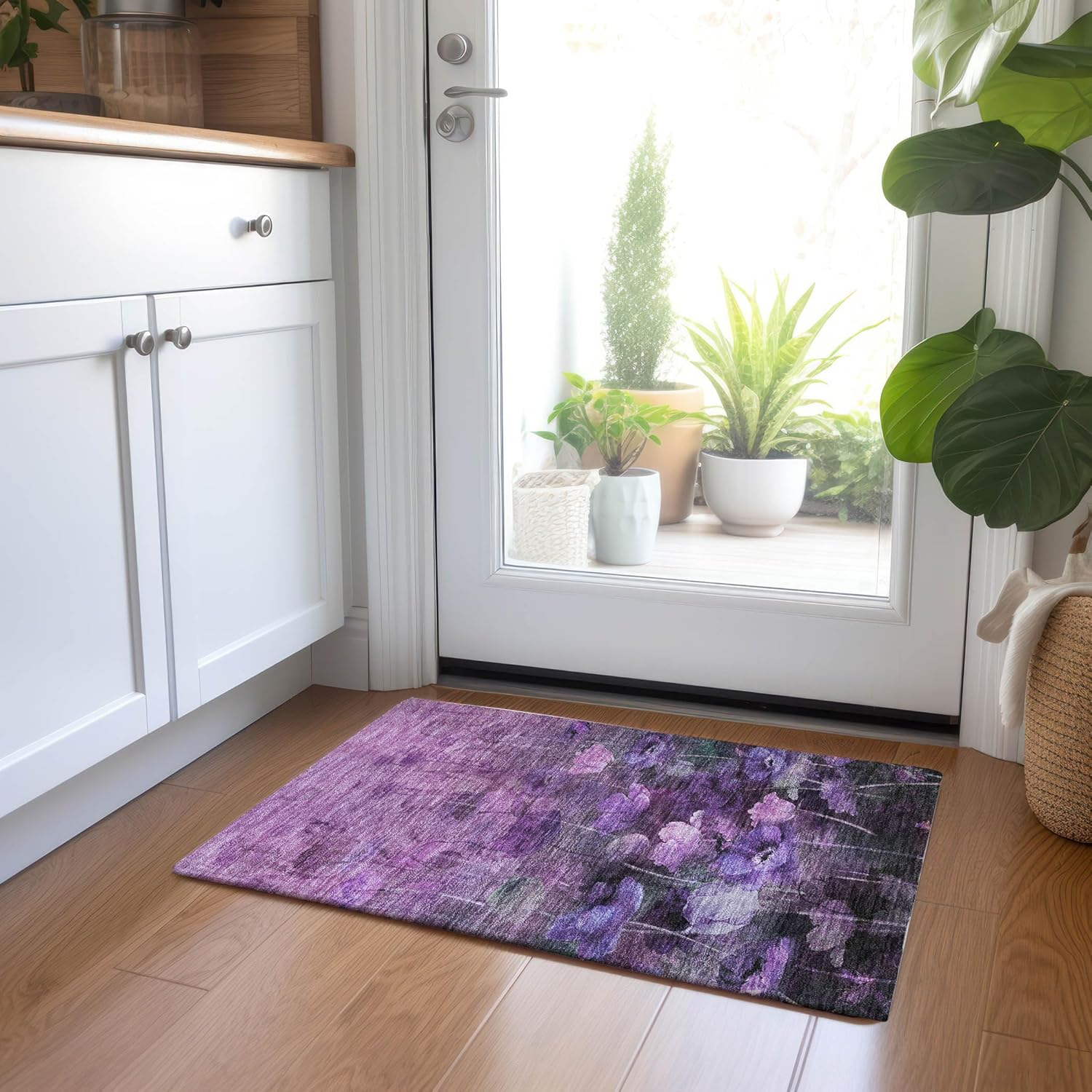 Addison Purple Floral Synthetic Rectangular Washable Area Rug