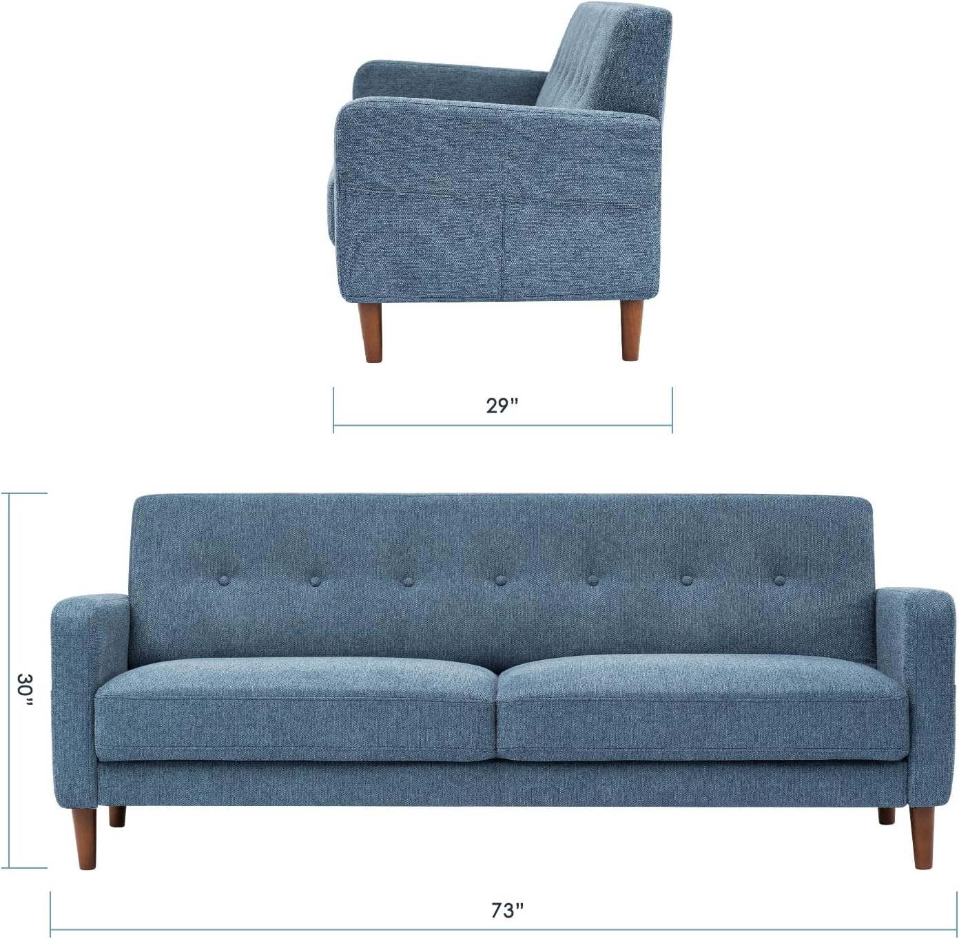 Mellow Adair Mid-Century Modern Sofa Couch with Armrest Pockets, Tufted Linen Fabric, Heather Blue